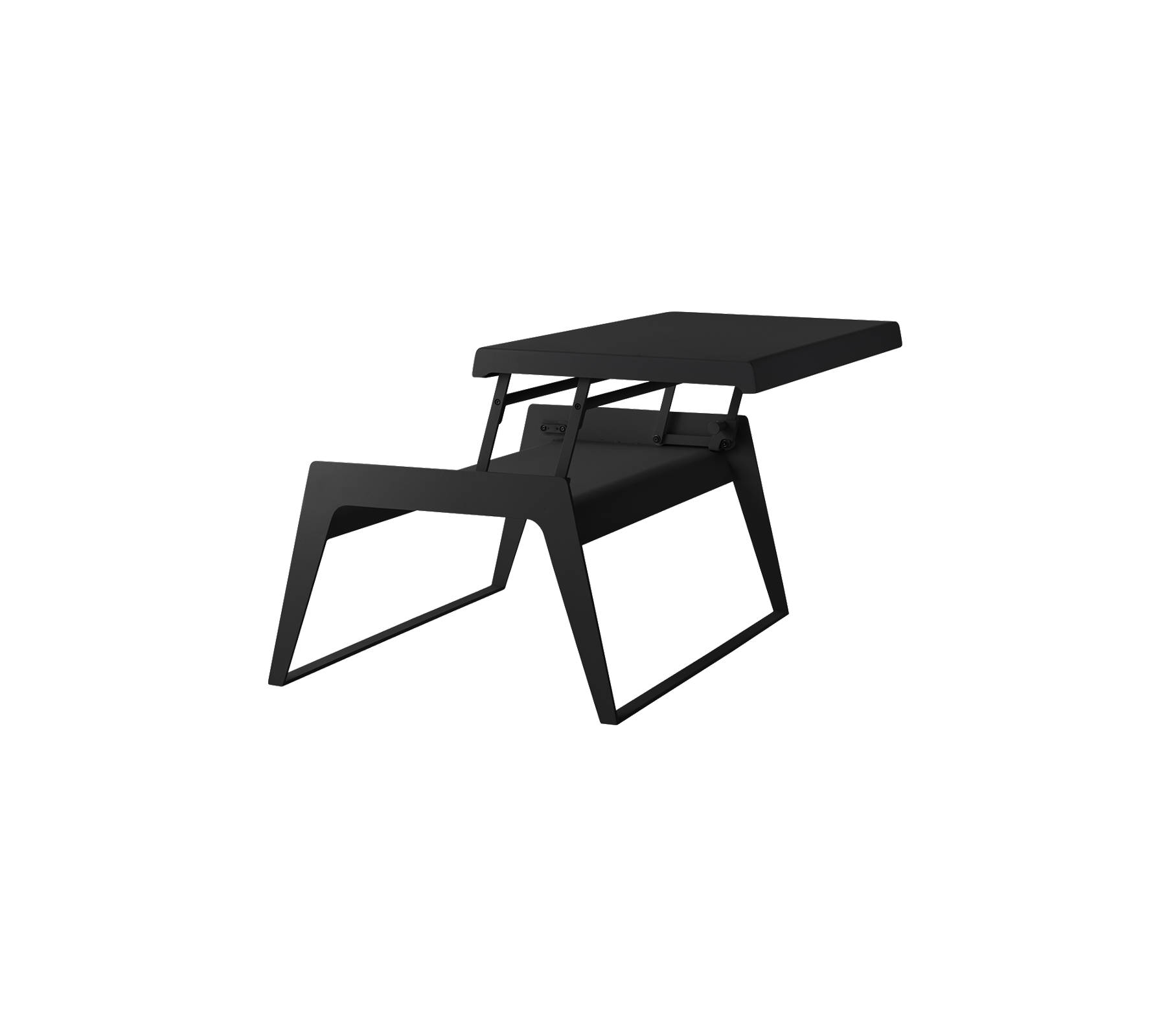 Stijlvolle zwarte tafel met een modern ontwerp, voorzien van een ruime oppervlakte en unieke schuin geleide poten. Ideaal voor hedendaagse ruimtes.