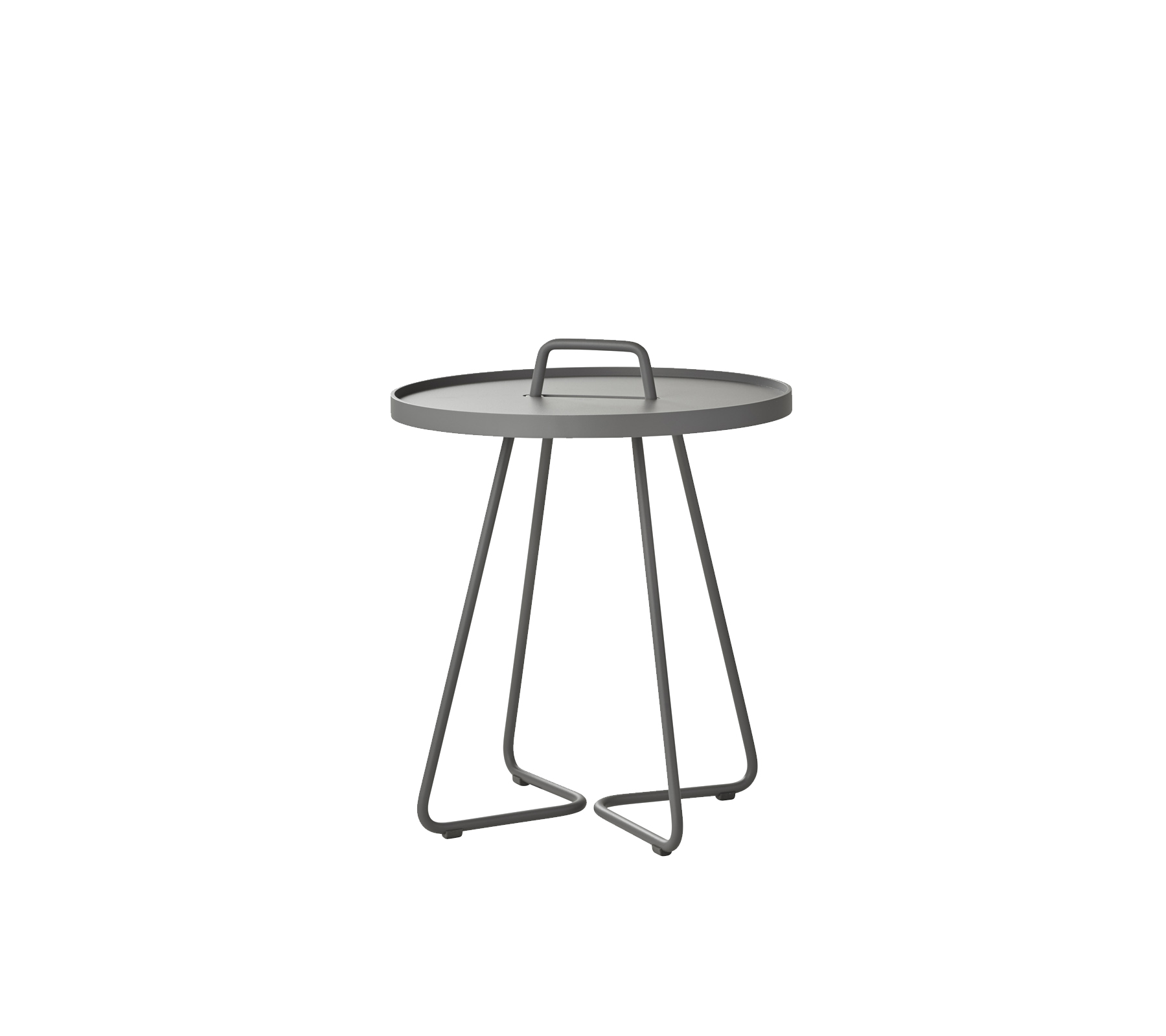 Klein rond tafel met een grijze tray-top en minimalistische metalen poten, met een handvat voor eenvoudige mobiliteit. Ideaal voor verschillende omgevingen.