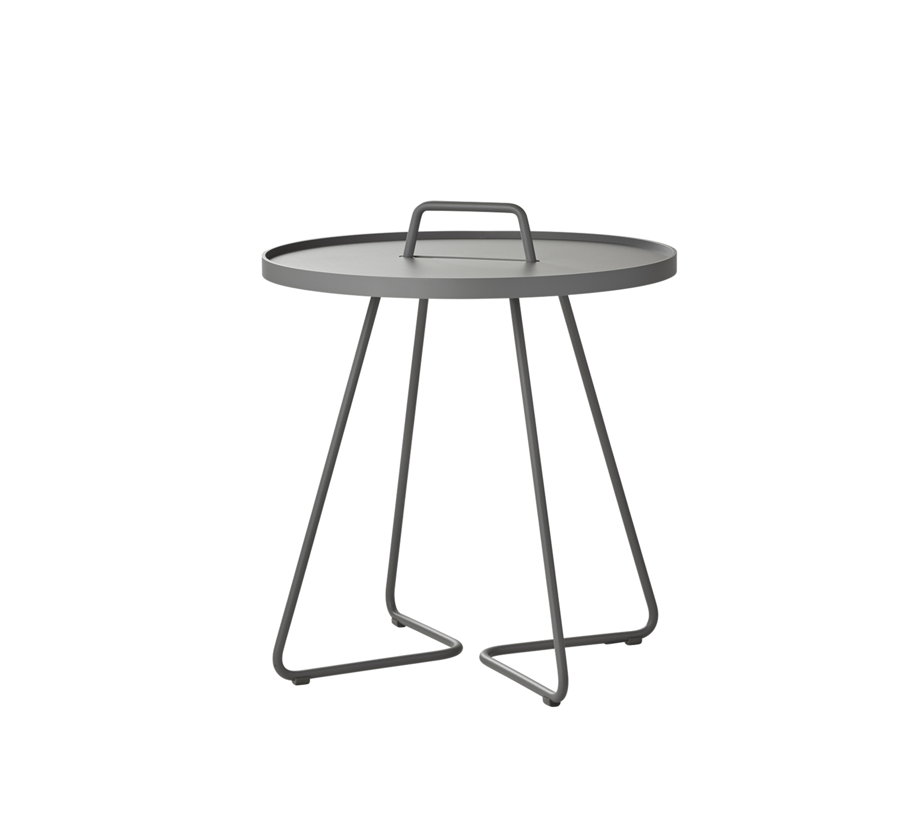 Ronde tafel met een slanke grijze bovenkant en minimalistische metalen poten, ontworpen voor veelzijdig gebruik in verschillende omgevingen.