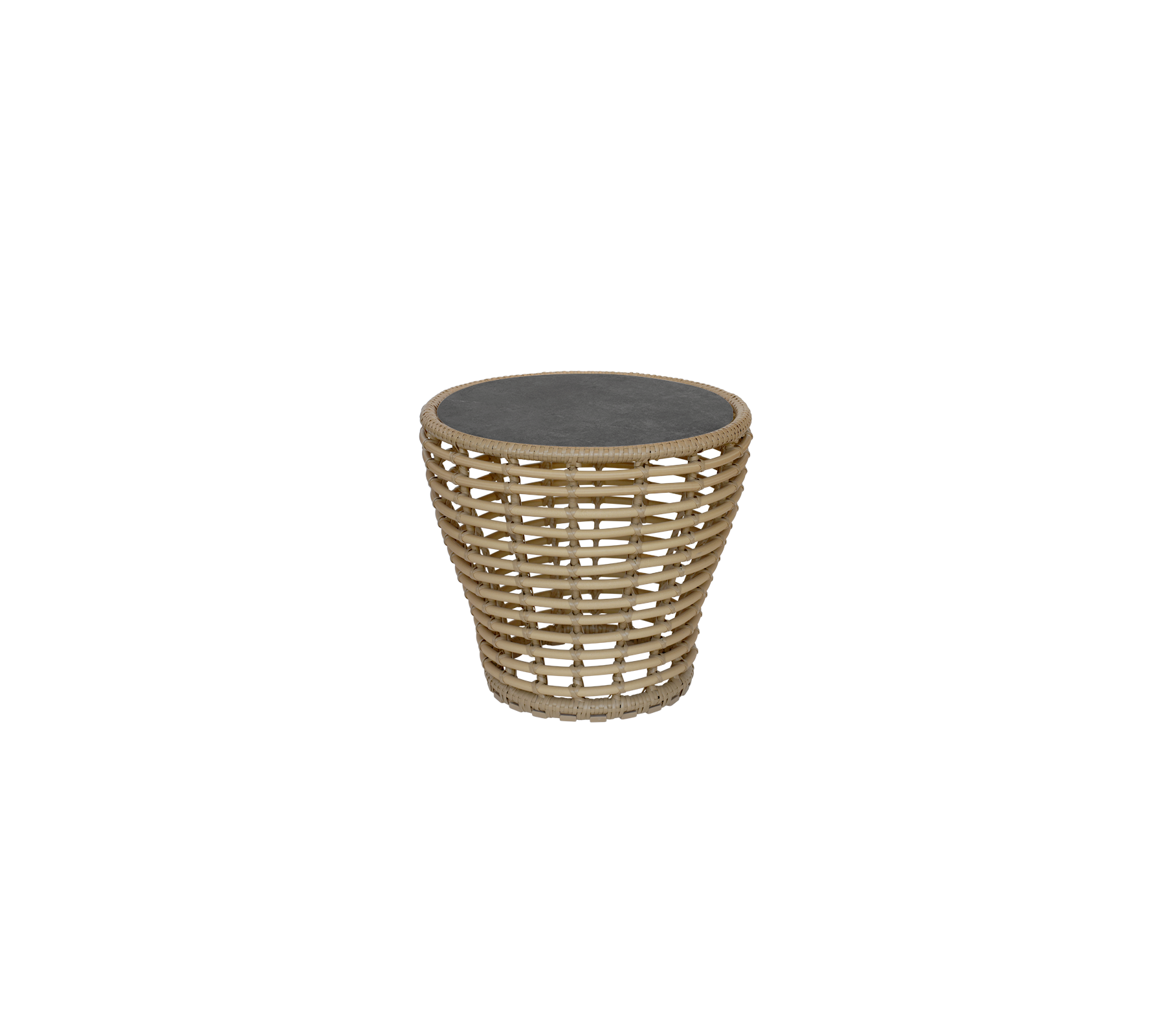 Een stijlvol rond bijzettafeltje met een geweven design en een donkere top, perfect om een moderne touch aan elke ruimte toe te voegen.