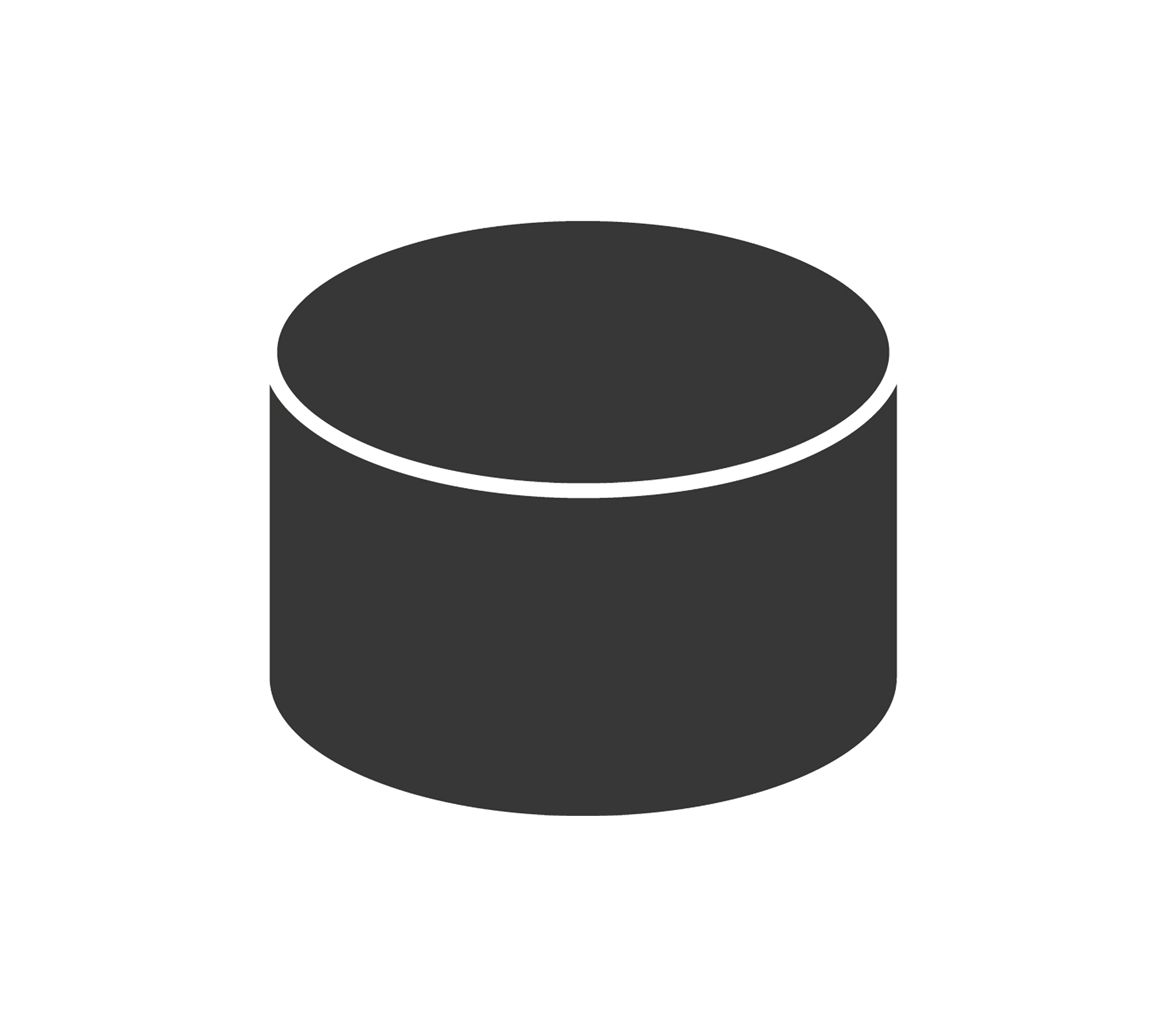 Een eenvoudig cilindrisch object in een donkere kleur, met een vlakke bovenkant en zijden, dat een basis geometrische vorm vertegenwoordigt.