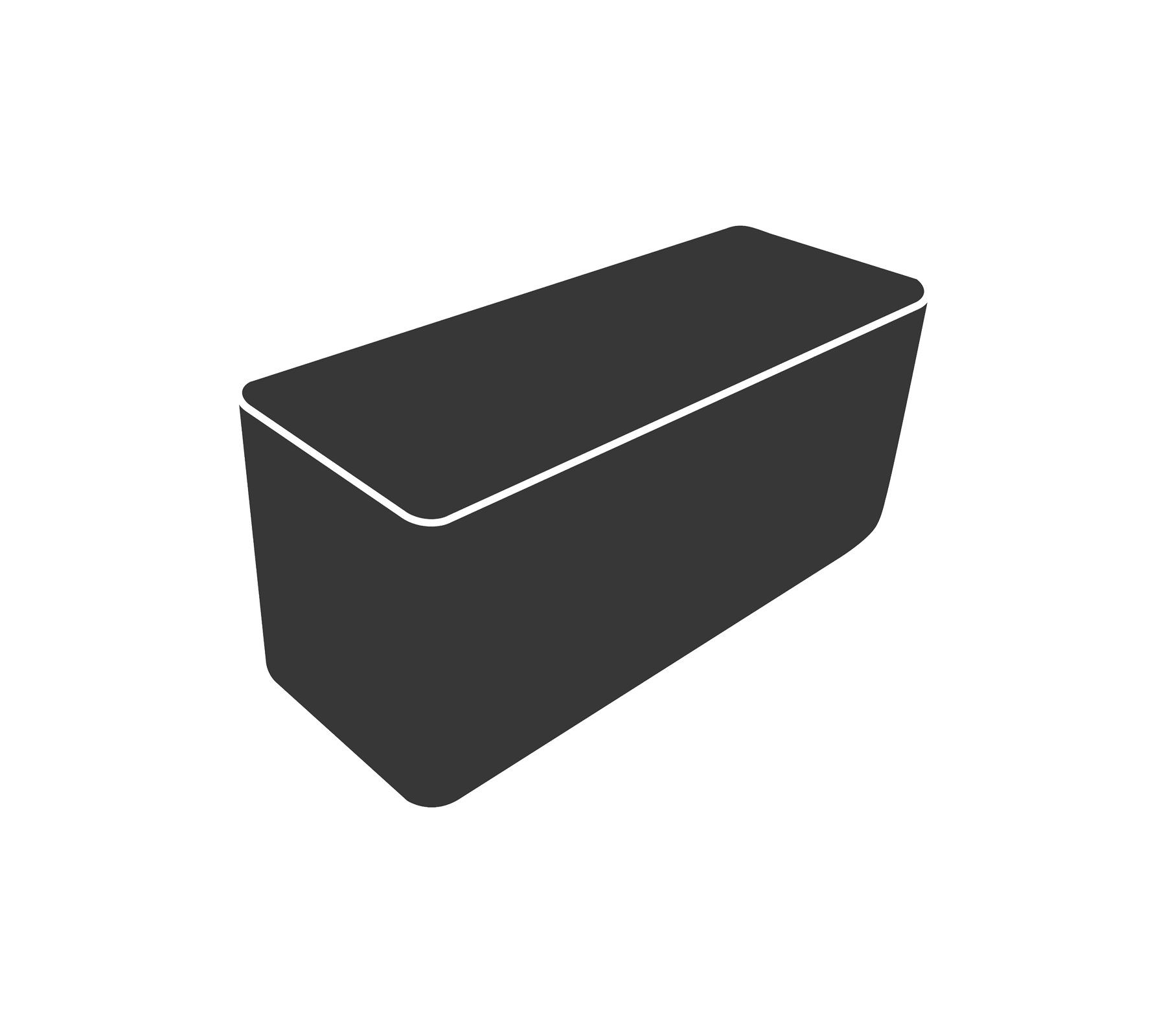 Grijze opbergdoos met een rechthoekige deksel en schuin aflopende zijkanten. Ideaal voor het organiseren van verschillende items.