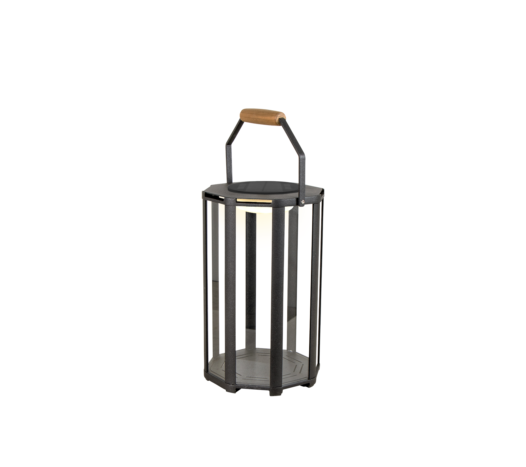 Stijlvolle lantaarn met metalen frame en houten handvat, met LED-verlichting voor een moderne uitstraling.
