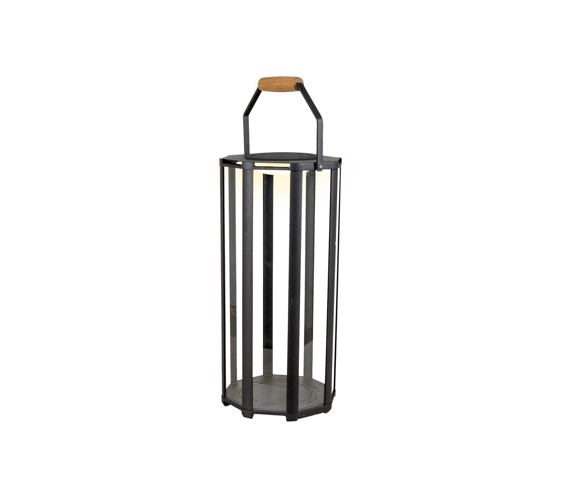 Een cilindrische lantaarn met een metalen frame met verticale stangen en een houten handvat, ontworpen voor LED-verlichting.