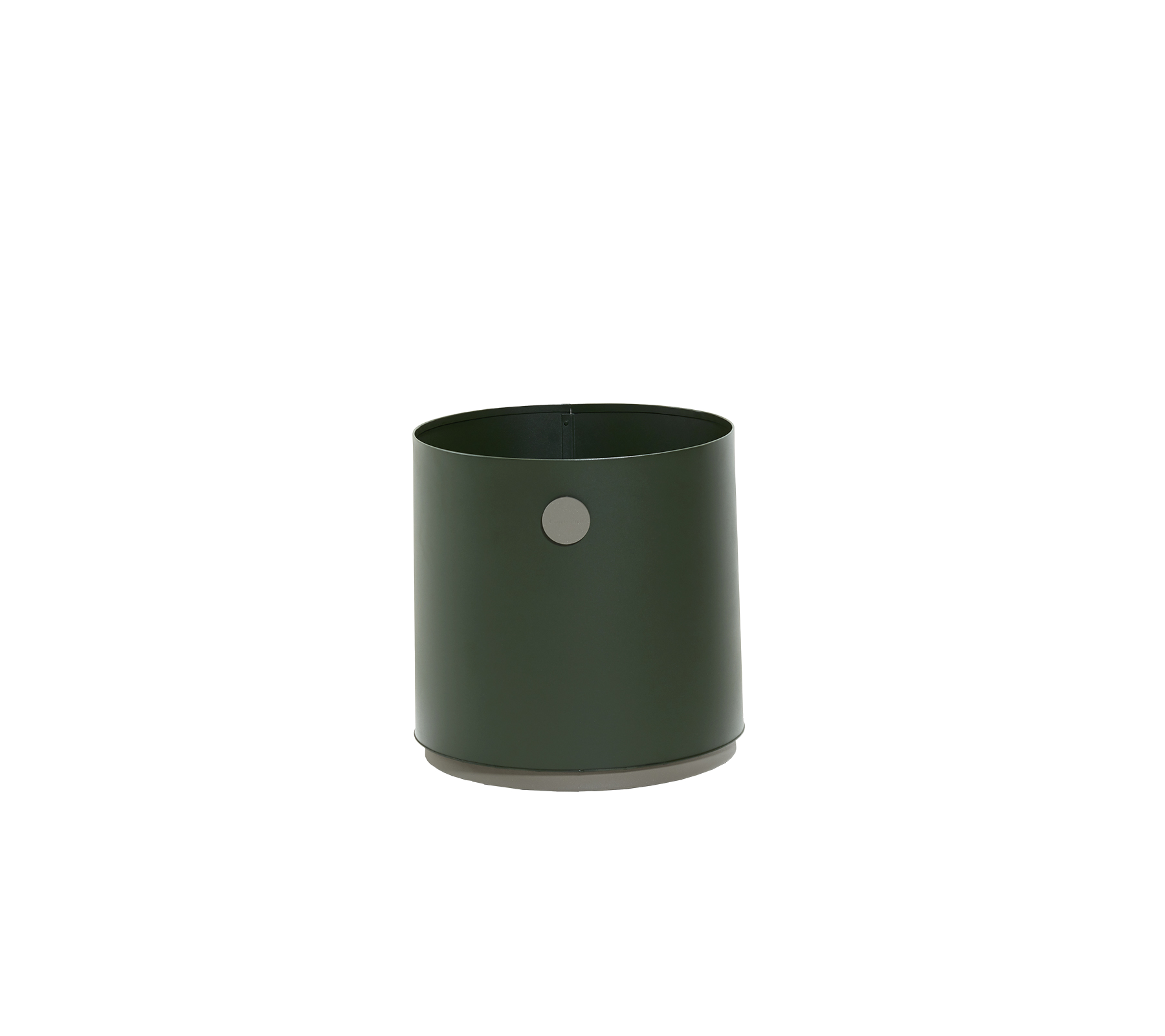 Groene metalen container met een gladde afwerking en een klein rond gat aan de zijkant, geschikt voor verschillende toepassingen.