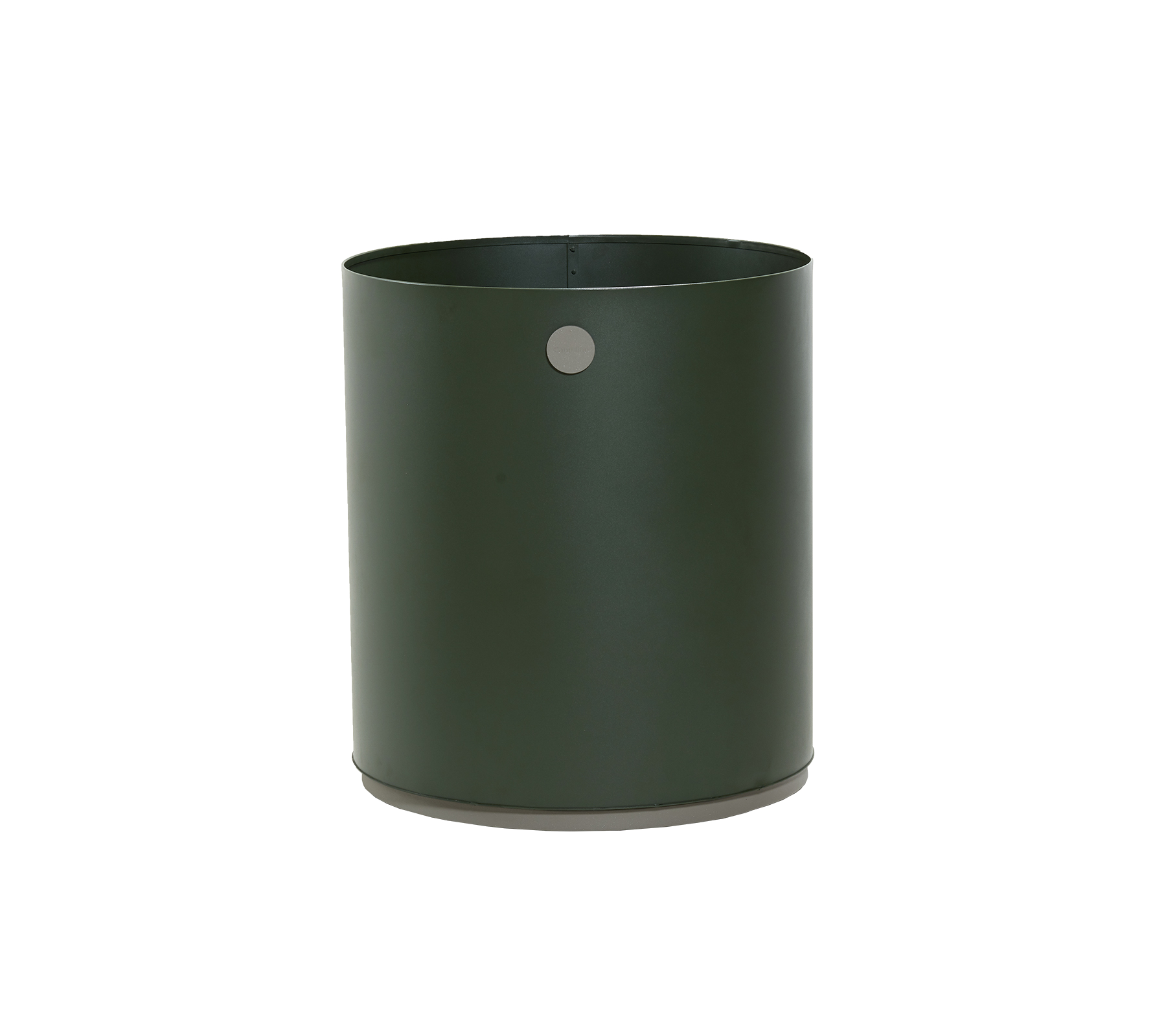 Groene cilindervormige plantenbak met een gladde afwerking en een subtiele decoratieve detail aan de zijkant. Ideaal om planten te presenteren.