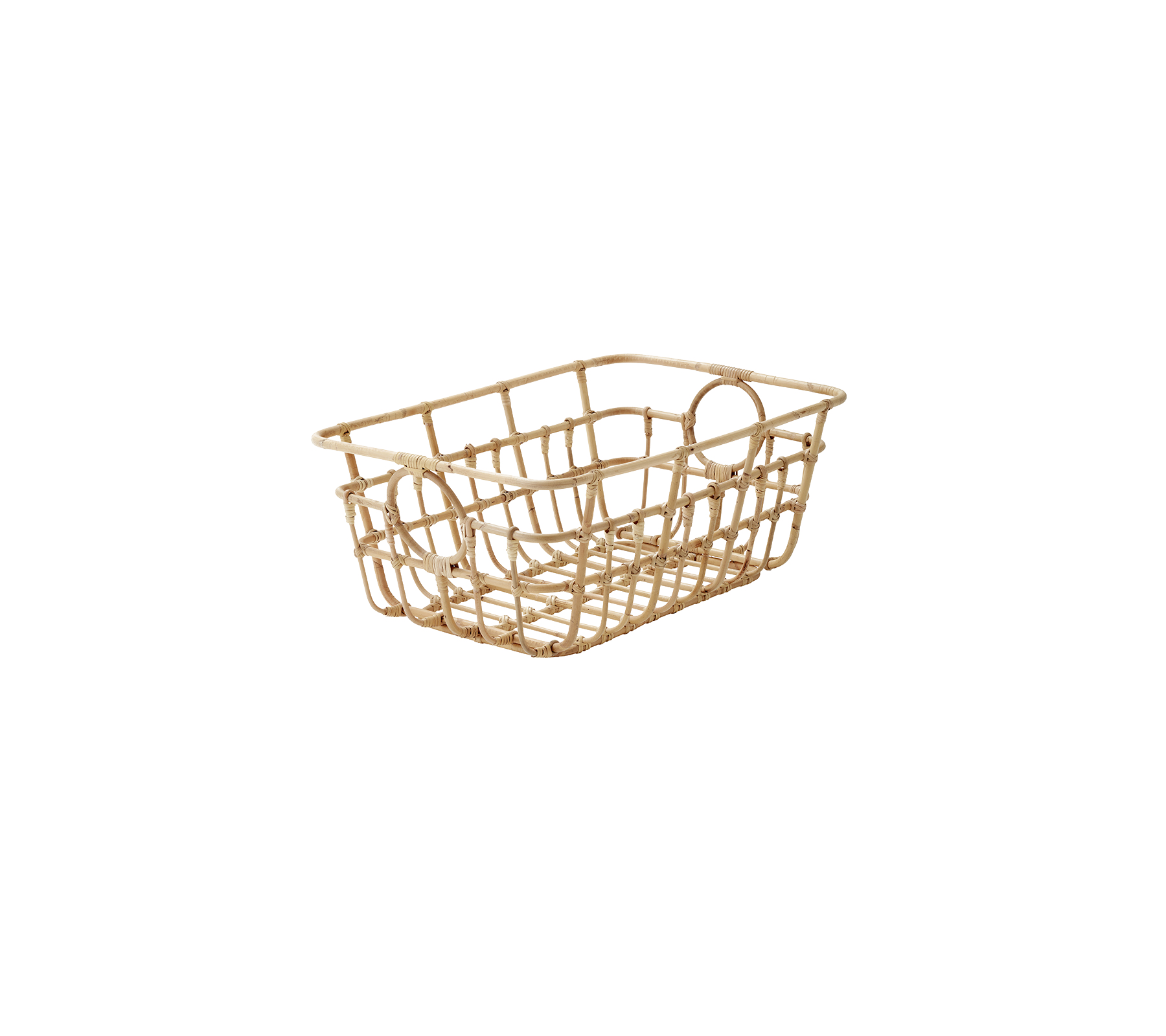 Een lichte houten opbergmand met een open ontwerp, ideaal voor het organiseren van kleine items of als een decoratieve container.