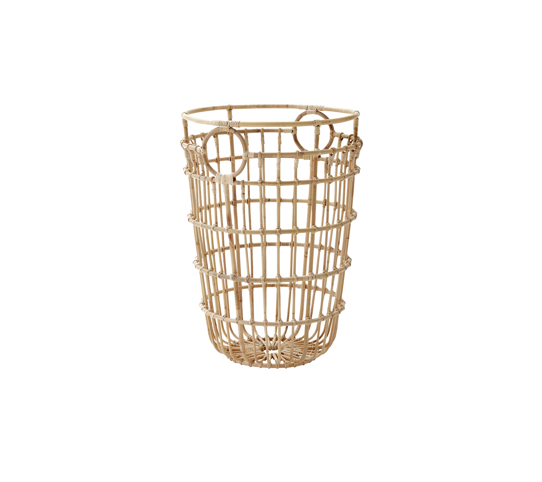 Een gevlochten opbergmand van natuurlijk materiaal met een cilindrische vorm en een rasterpatroon, met twee handvatten voor gemakkelijke draagbaarheid.