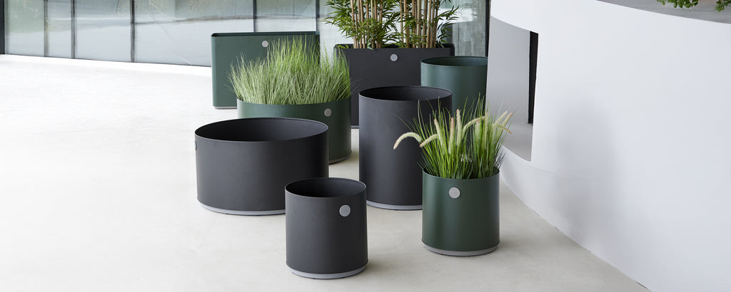 Moderne zwarte en groene plantenbakken met groenarrangement in een hedendaagse setting.
