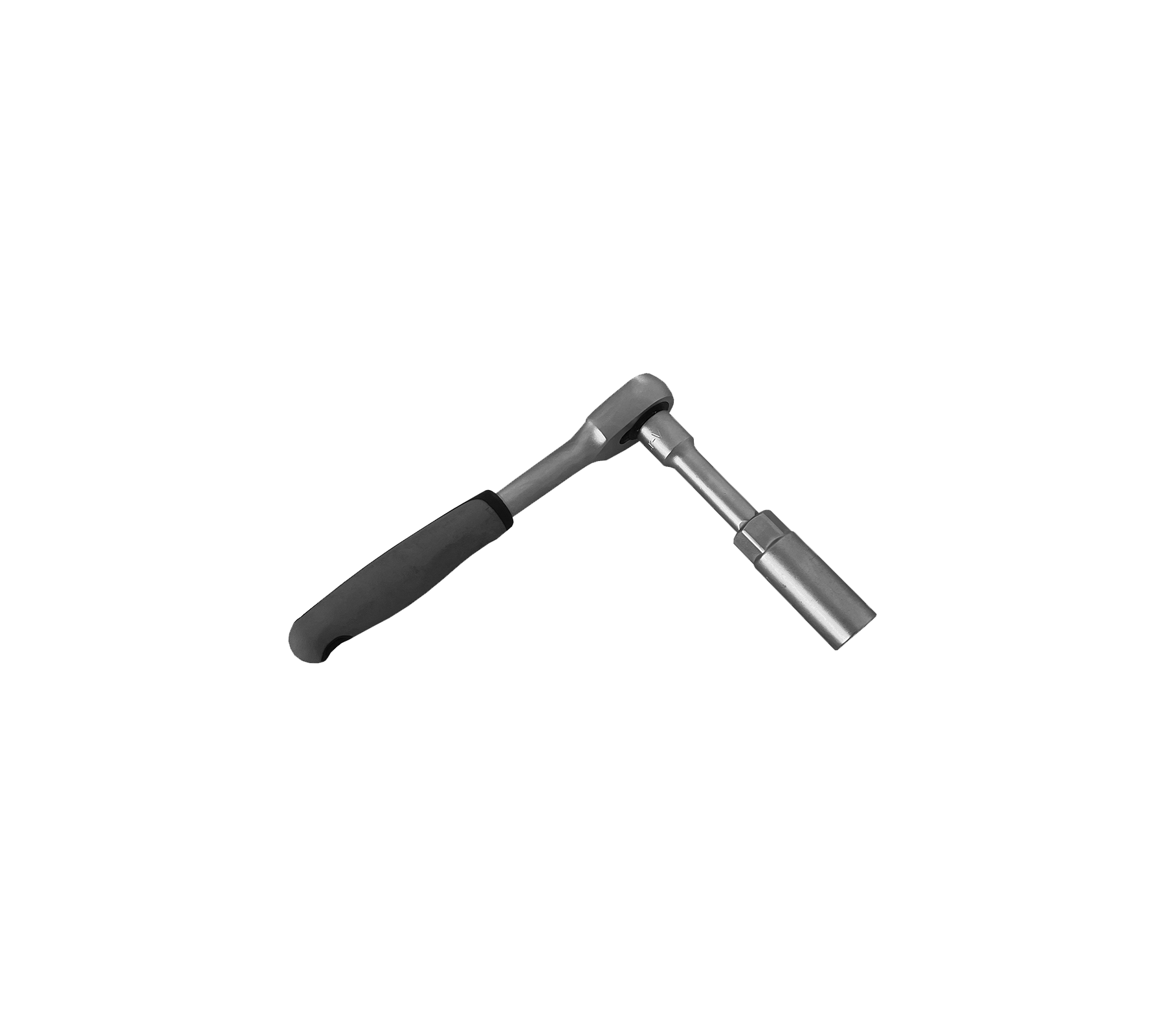 Een metalen ratelmoersleutel met een gestructureerd handvat voor grip, ontworpen om bouten en moeren aan te draaien en los te draaien.
