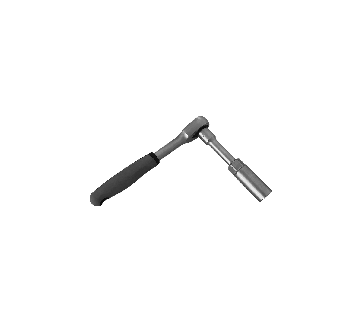 Een metalen ratelmoersleutel met een gestructureerd handvat voor grip, ontworpen om bouten en moeren aan te draaien en los te draaien.