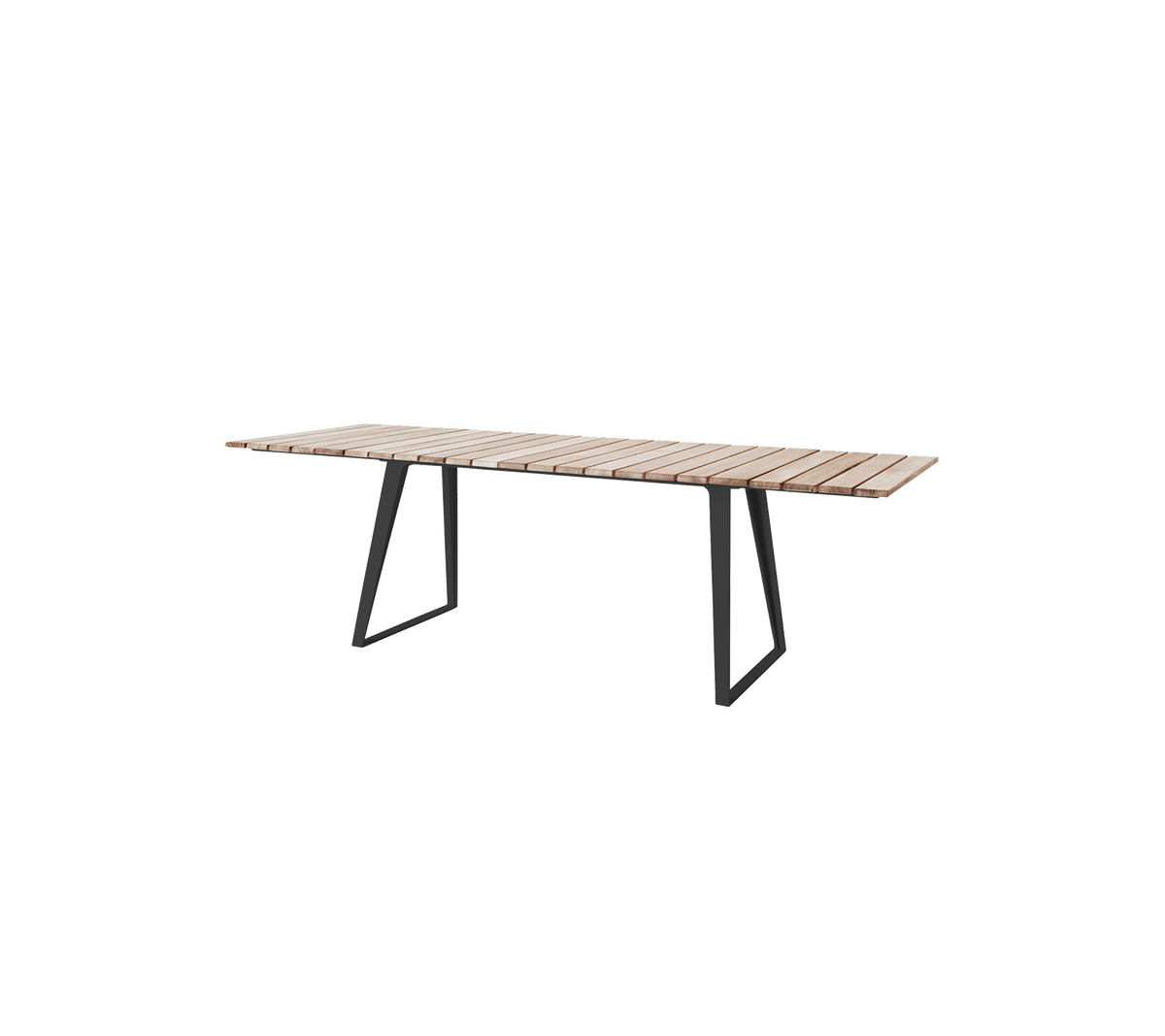 Modern houten tafel met een lattenblad en slanke metalen poten, geschikt voor verschillende settings en bijeenkomsten.
