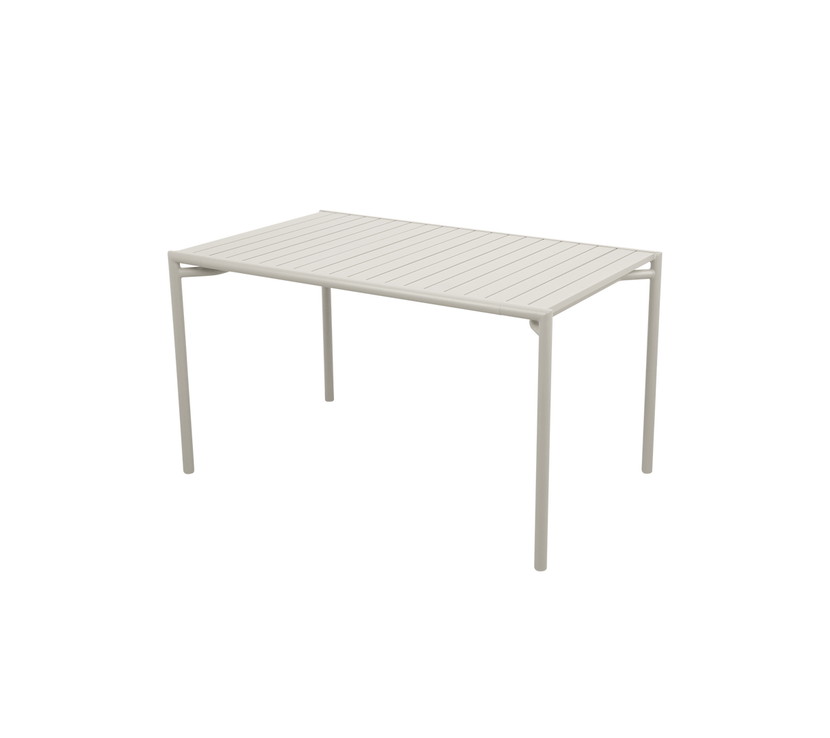 Rechthoekige tafel met een lattenoppervlak en vier rechte benen, met een modern en minimalistisch ontwerp in een lichte kleur.