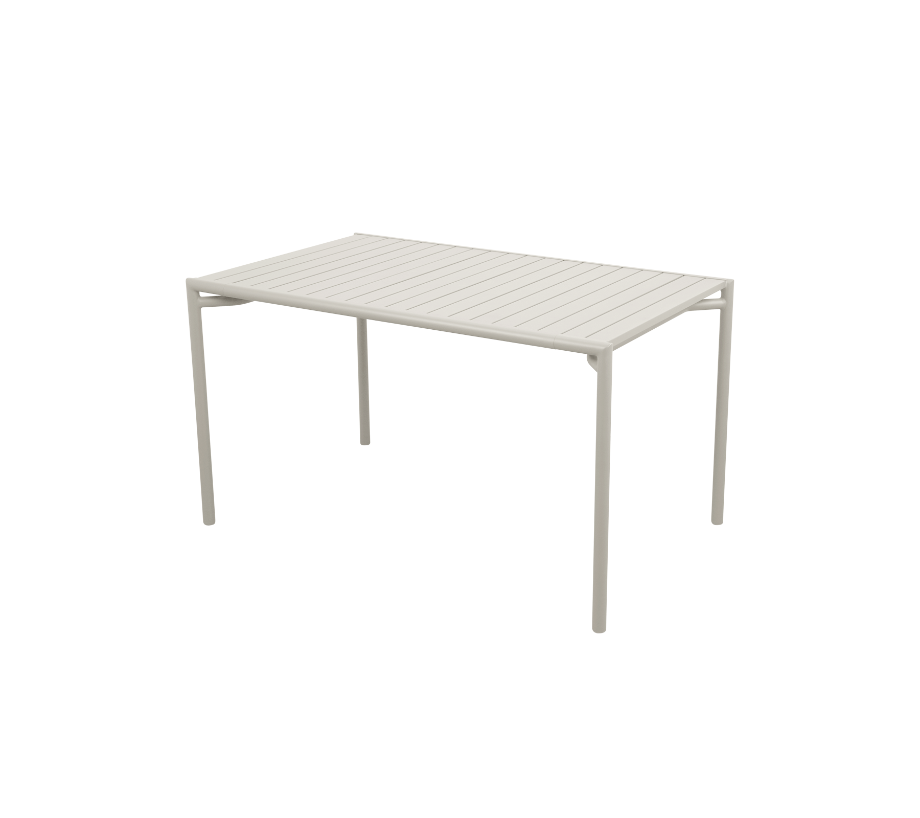 Rechthoekige tafel met een lattenoppervlak en vier rechte benen, met een modern en minimalistisch ontwerp in een lichte kleur.