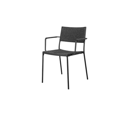 Black woven armchair with a minimalist design, featuring a sturdy frame and comfortable seating for casual or formal settings.