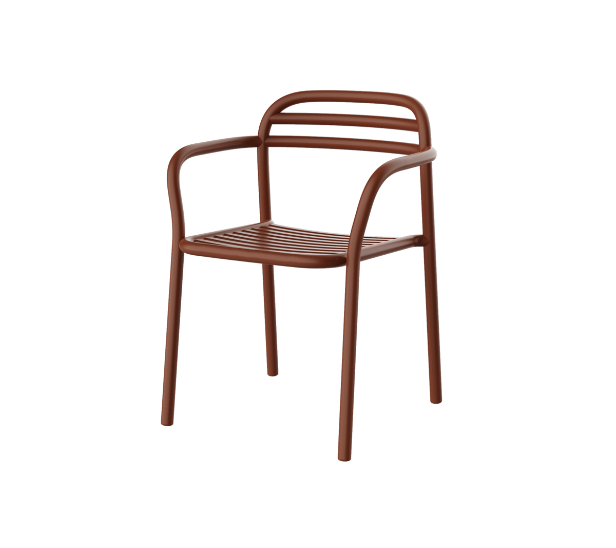 Bruine stoel met een modern ontwerp met gebogen armen en horizontale latten op de rugleuning. Ideaal voor casual zitten.