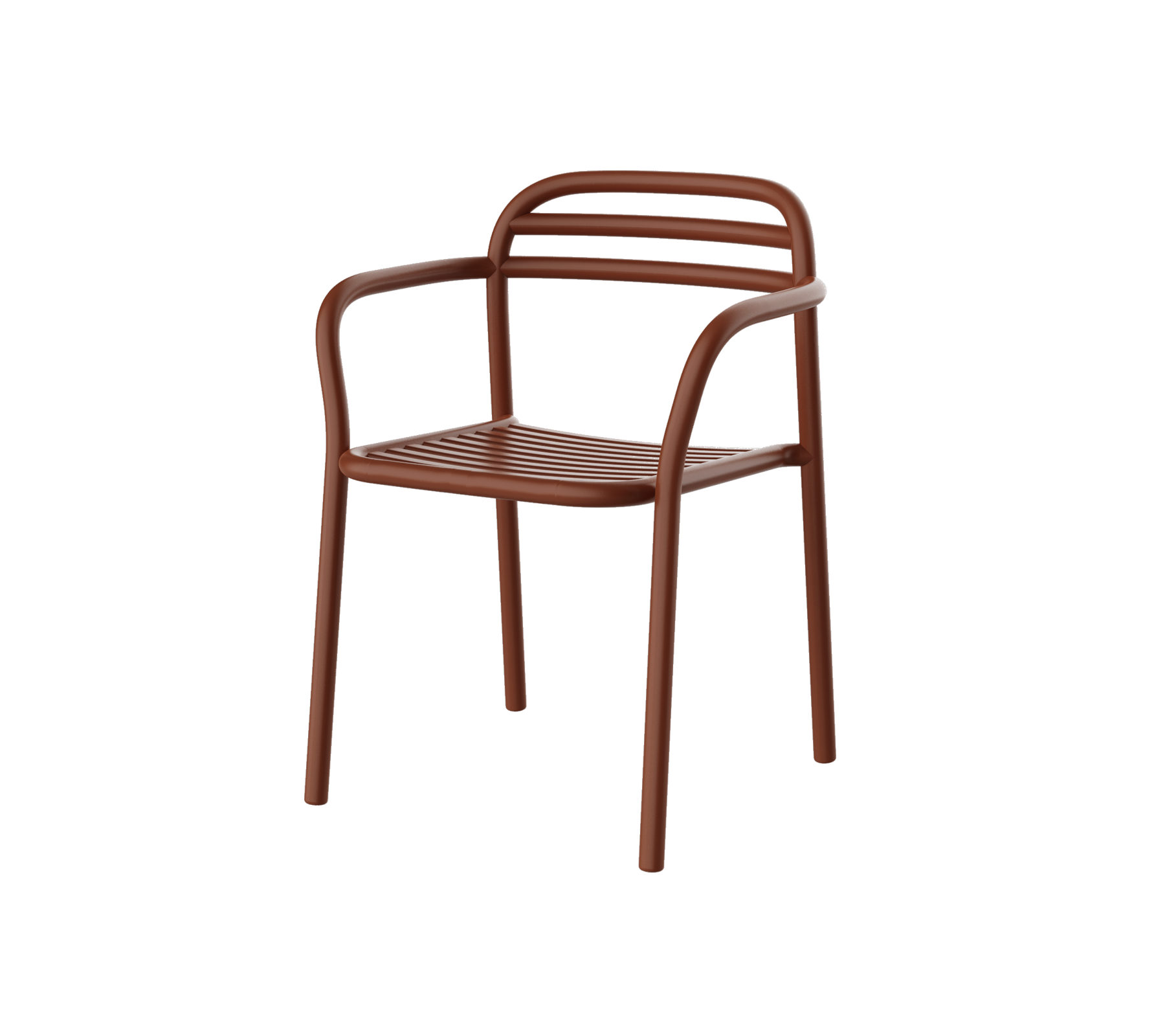 Bruine stoel met een modern ontwerp met gebogen armen en horizontale latten op de rugleuning. Ideaal voor casual zitten.