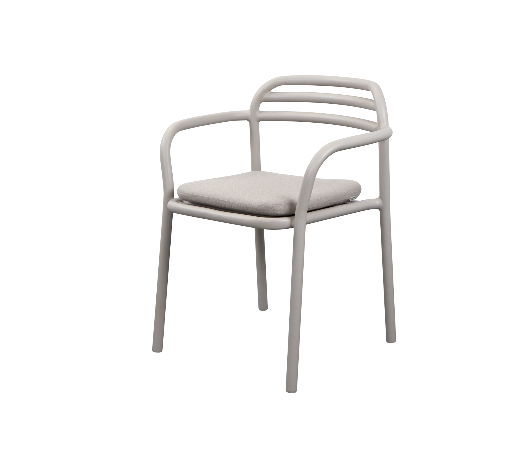 Een moderne fauteuil met een slank ontwerp, ronde armleuningen en een gevoerde zitting in een neutrale kleur.
