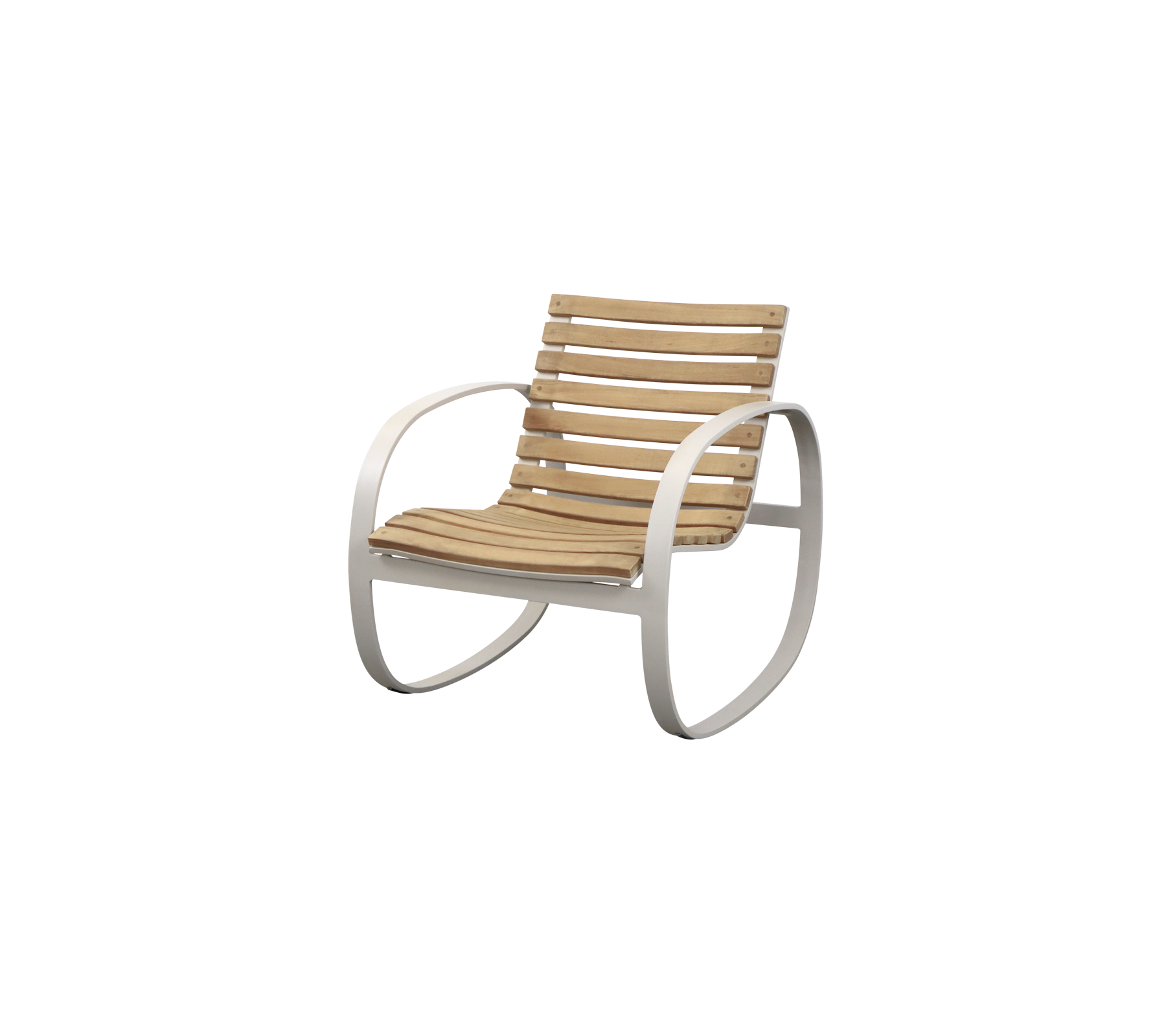 Stijlvolle schommelstoel met een latten houten zitting en een slank, gebogen metalen frame. Ideaal voor ontspannen zitten en comfort.