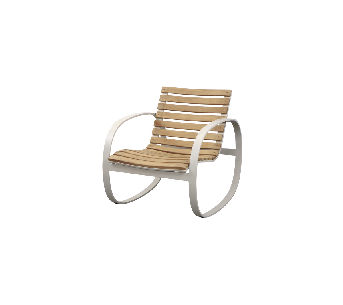 Stijlvolle schommelstoel met een latten houten zitting en een slank, gebogen metalen frame. Ideaal voor ontspannen zitten en comfort.