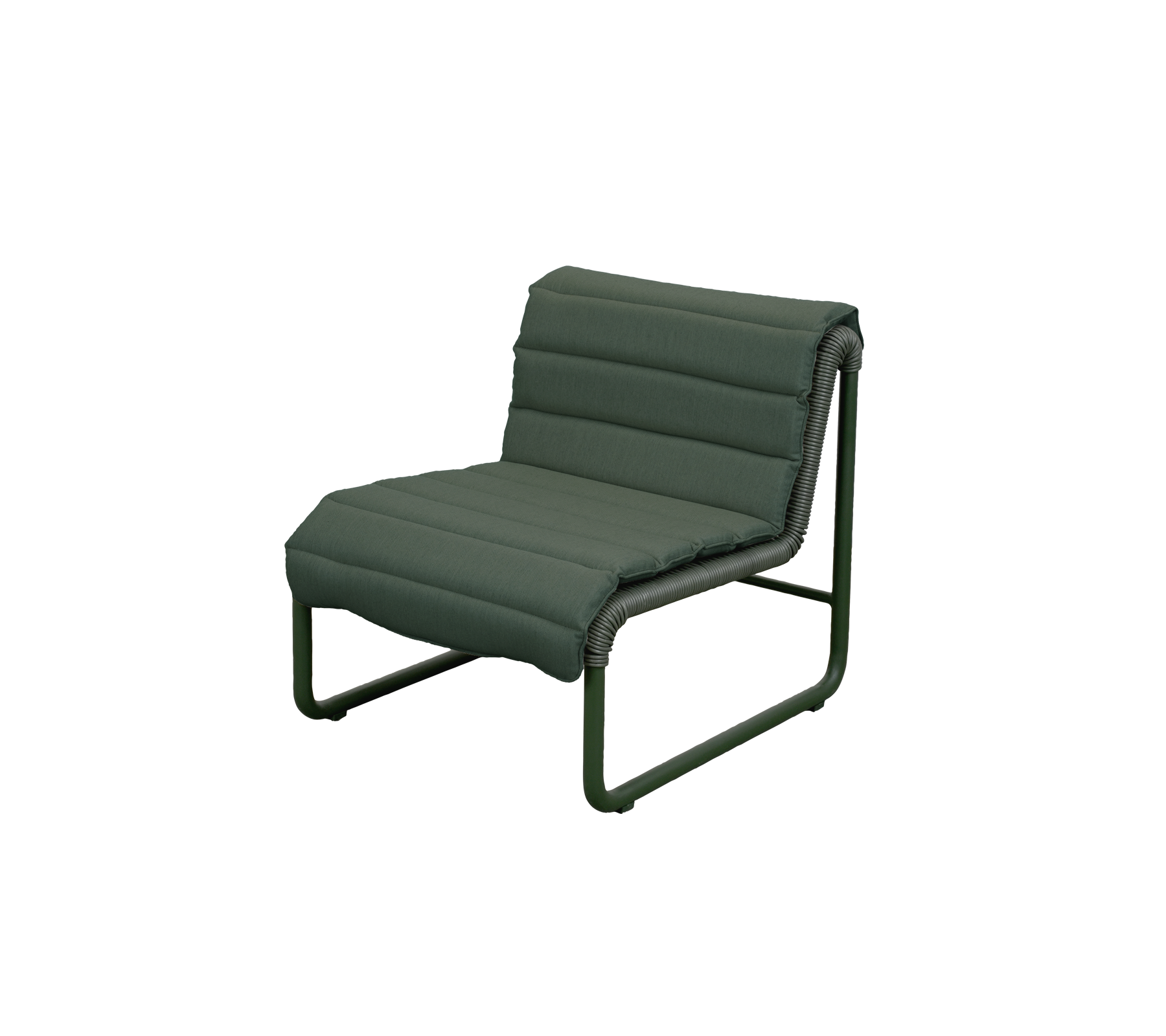 Moderne donkergroene loungechair met een minimalistisch ontwerp.