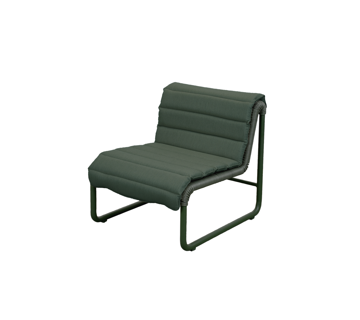 Moderne donkergroene loungechair met een minimalistisch ontwerp.