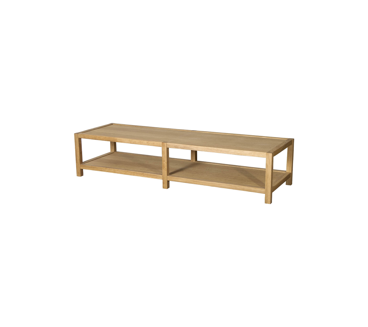 Houten opslagplank met twee open vakken, ontworpen om spullen te organiseren en decor te tonen.