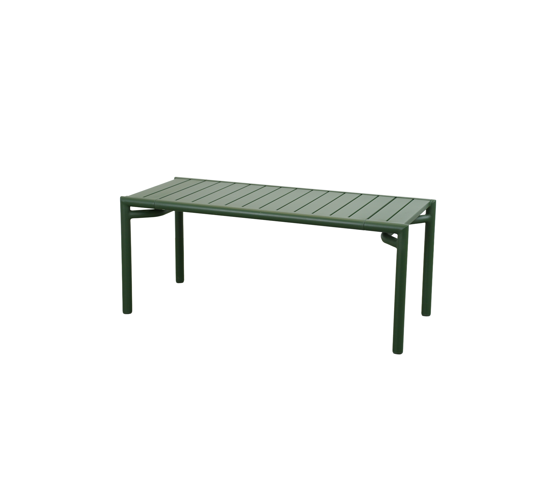 Donkergroen tafel met een lattenblad en stevige benen.