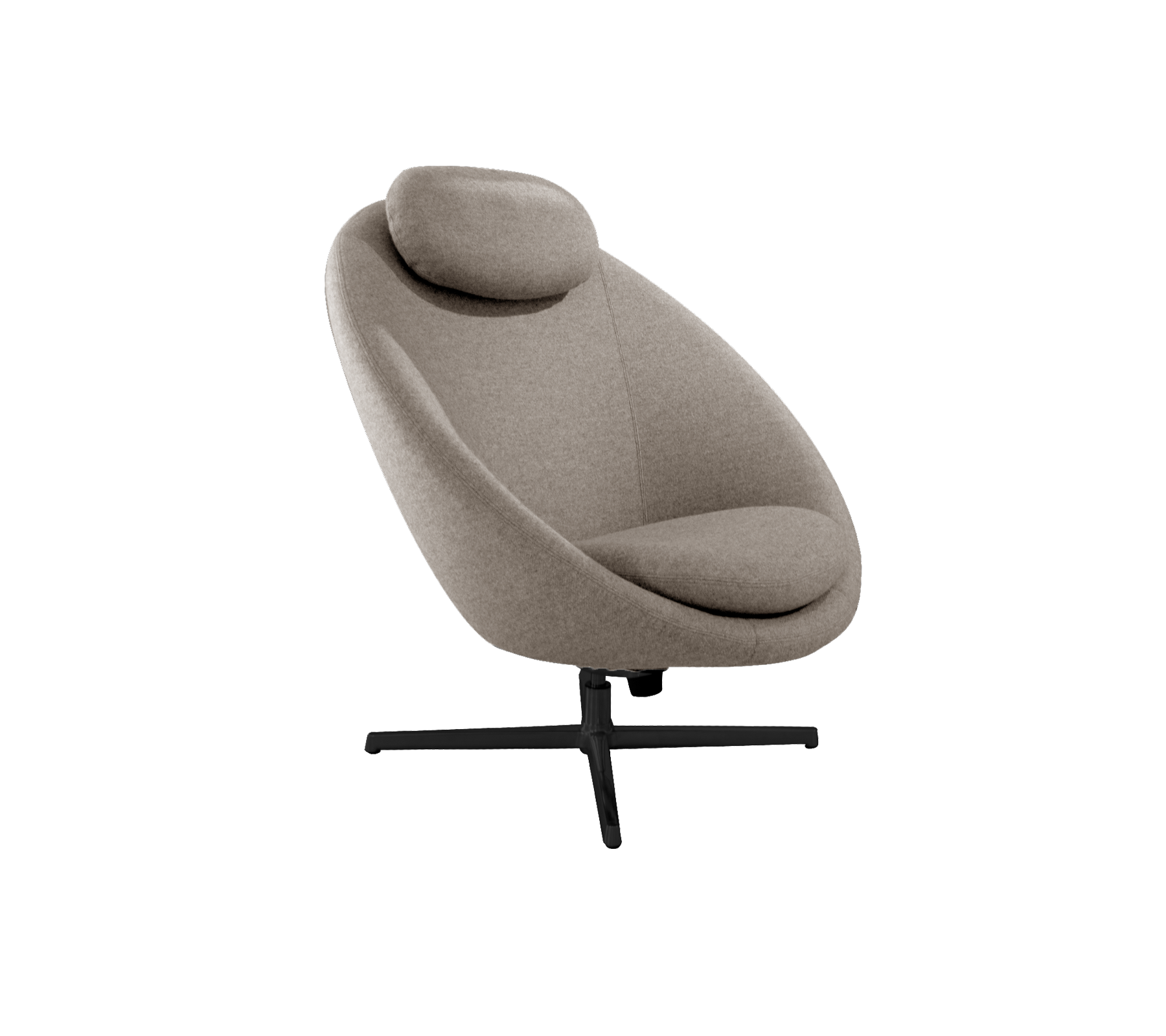 Stijlvolle loungechair met een gebogen ontwerp, pluche bekleding en een ondersteunende hoofdsteun, gemonteerd op een slanke basis.