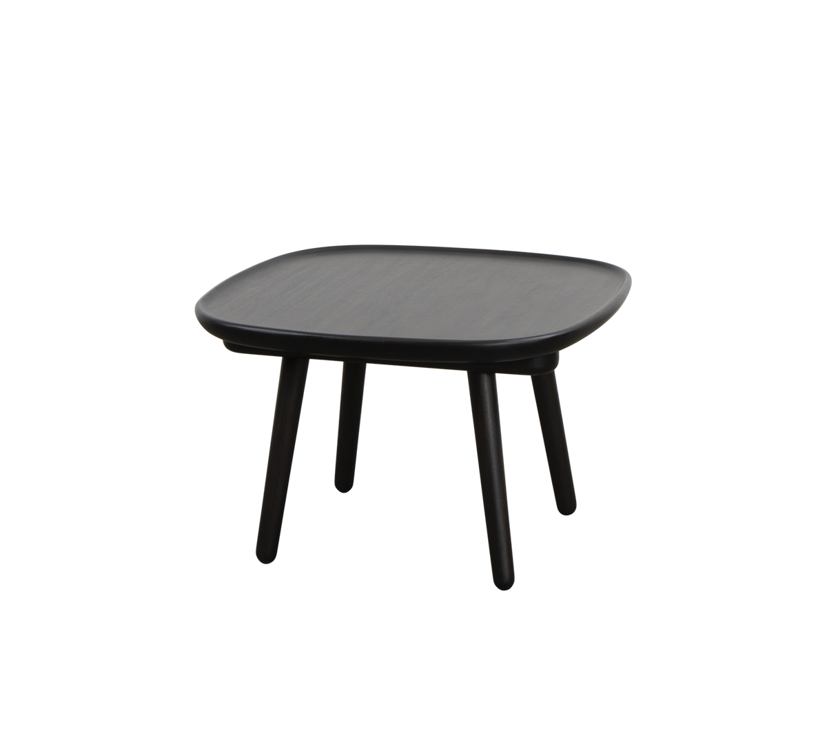Vierkant zwart tafel met een gladde oppervlakte en vier slanke benen, ontworpen voor veelzijdigheid en eenvoud in stijl.