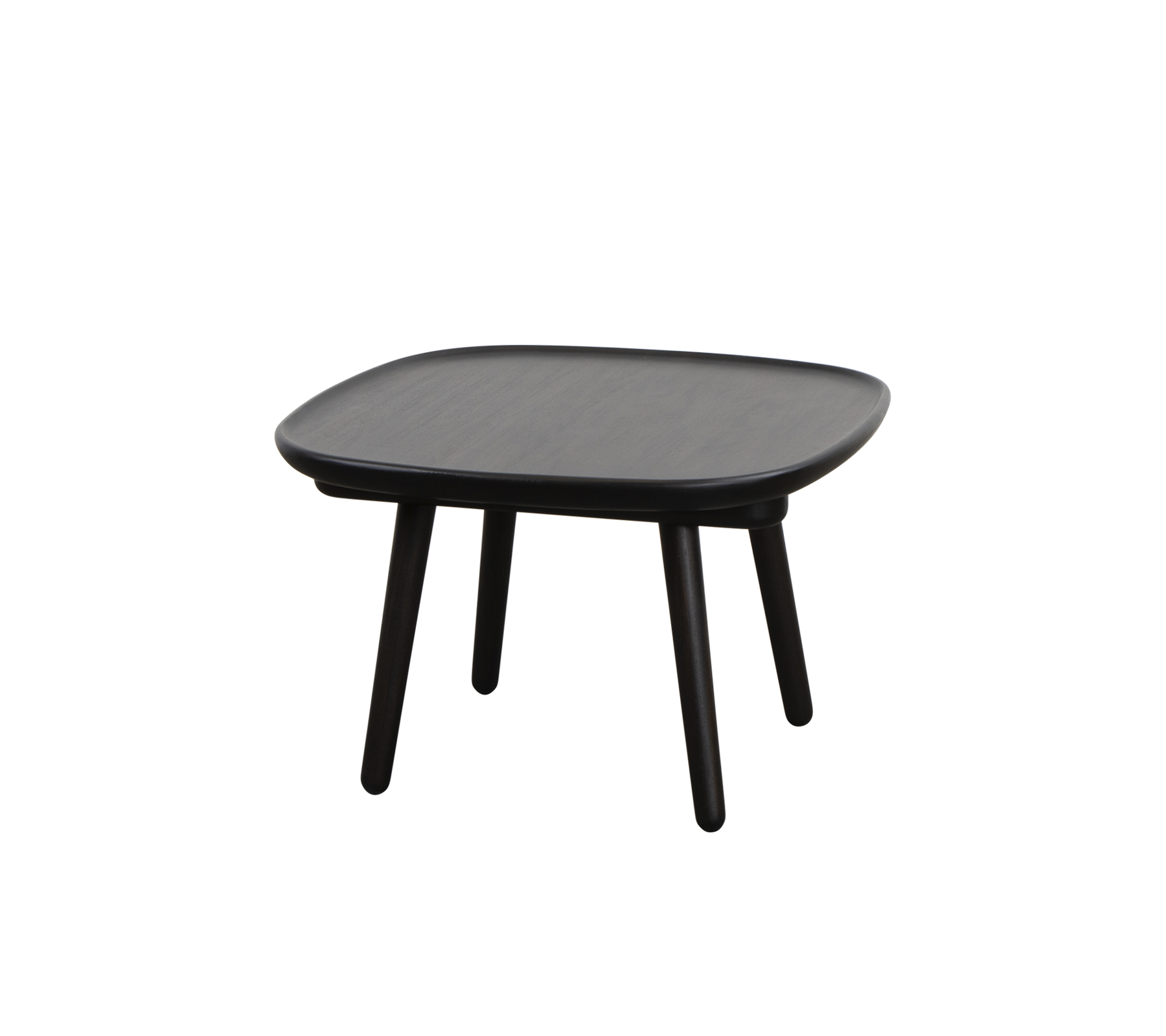 Vierkant zwart tafel met een gladde oppervlakte en vier slanke benen, ontworpen voor veelzijdigheid en eenvoud in stijl.
