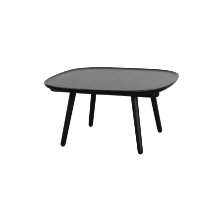 Vierkant zwarte tafel met een gladde oppervlakte en vier slanke benen, ontworpen voor veelzijdig gebruik in verschillende omgevingen.