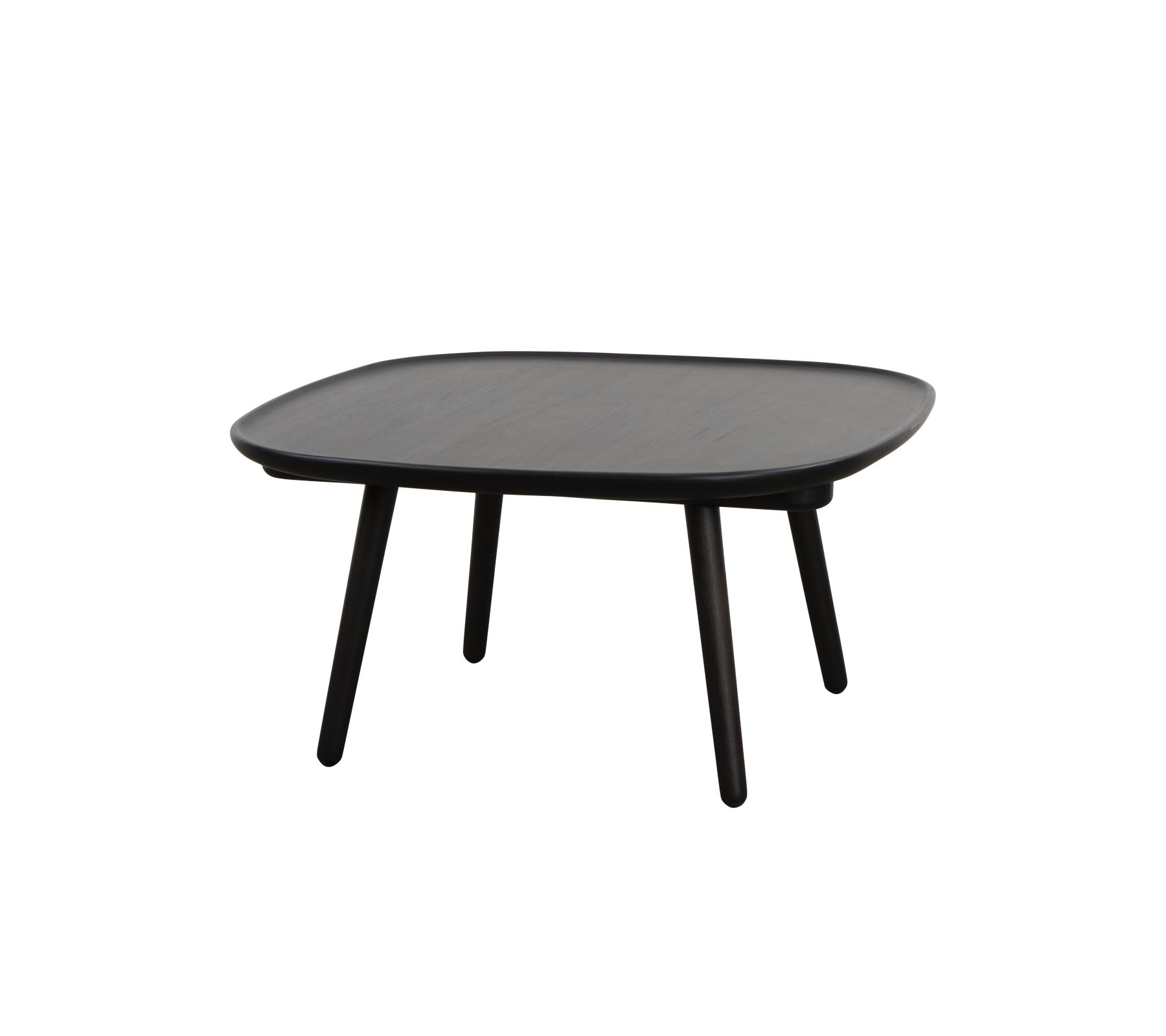 Vierkant zwarte tafel met een gladde oppervlakte en vier slanke benen, ontworpen voor veelzijdig gebruik in verschillende omgevingen.