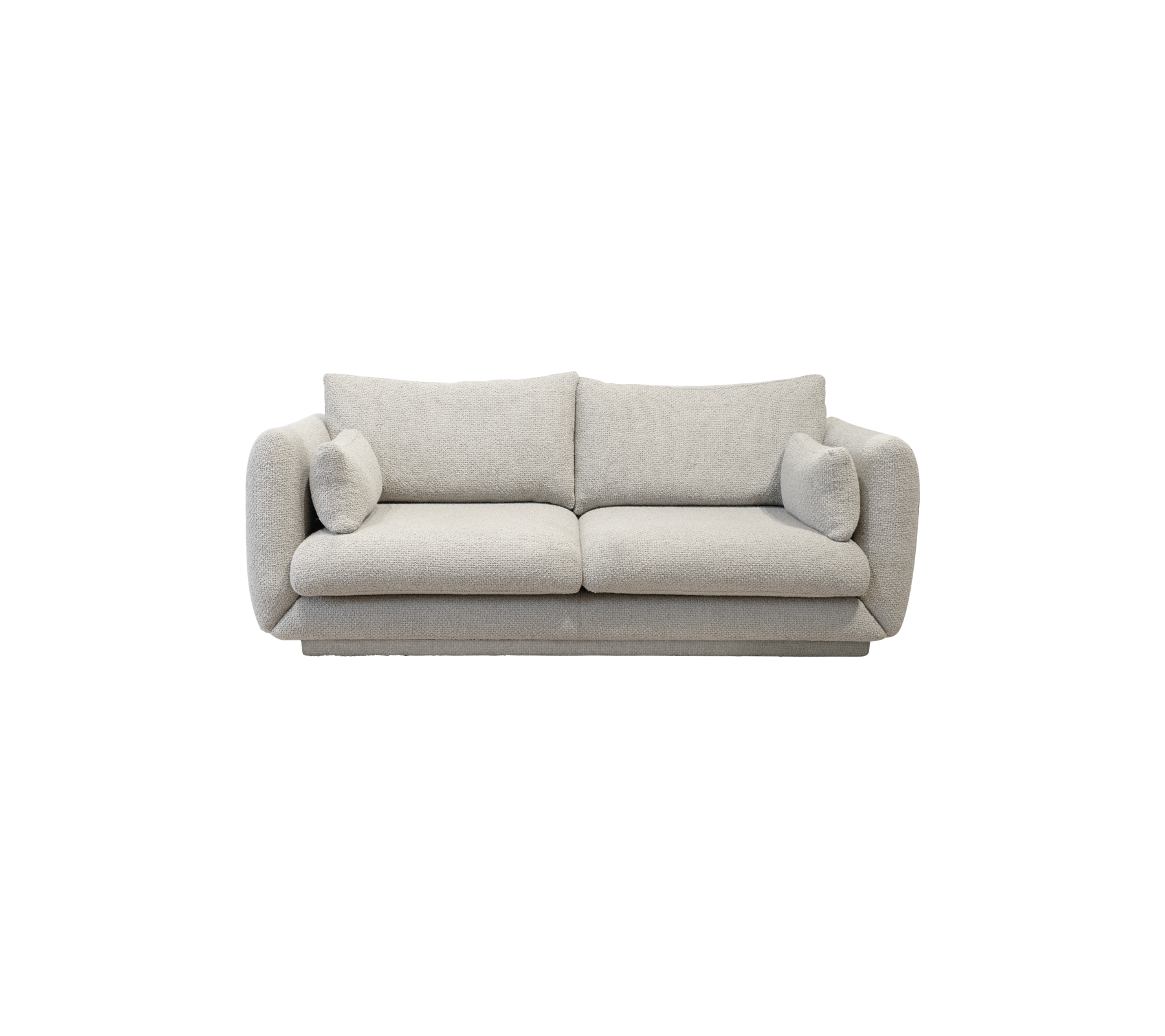 Een stijlvol, moderne bank in lichtgrijs stof met pluche kussens en zachte, afgeronde randen voor comfort en elegantie.