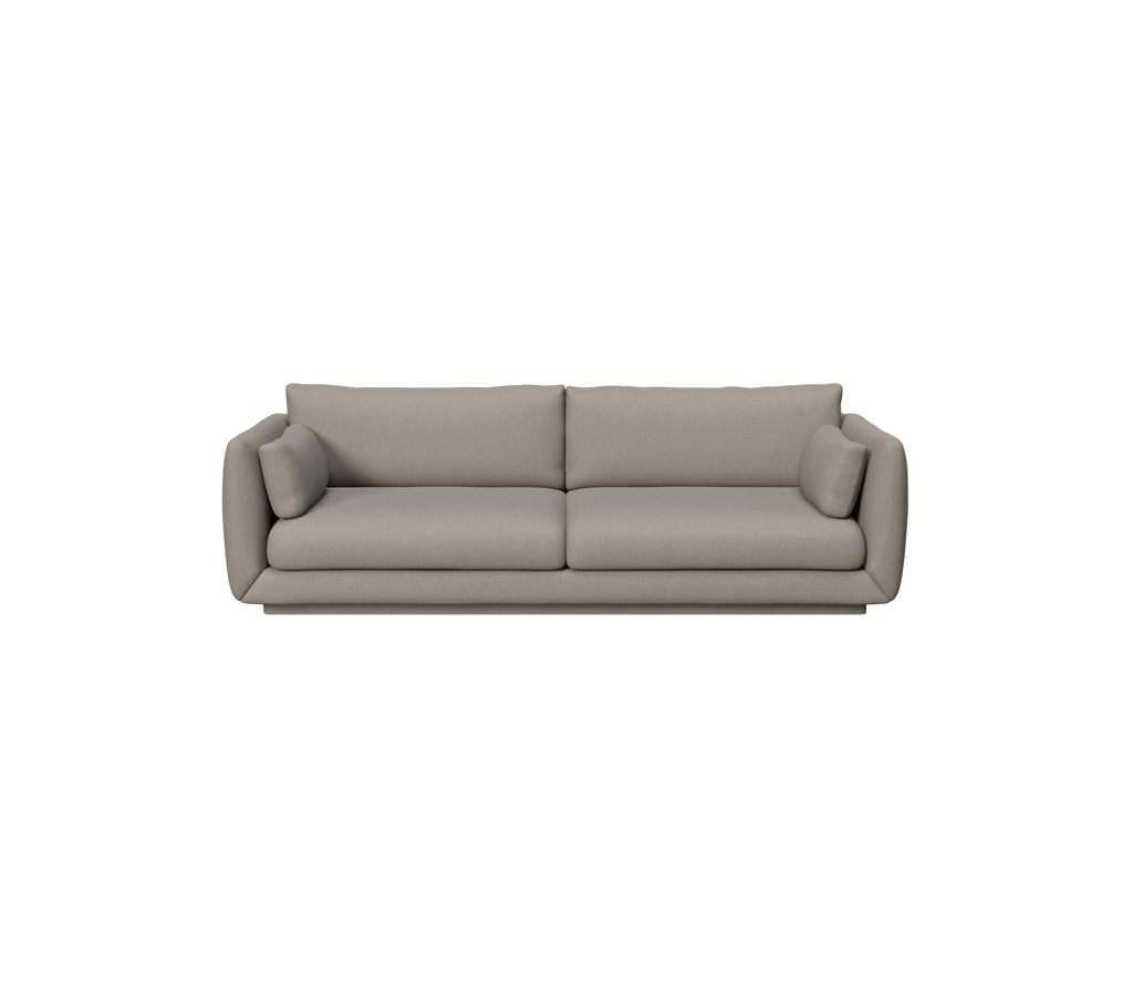 Lichtbruin modern sofa met twee kussens in een strak ontwerp.