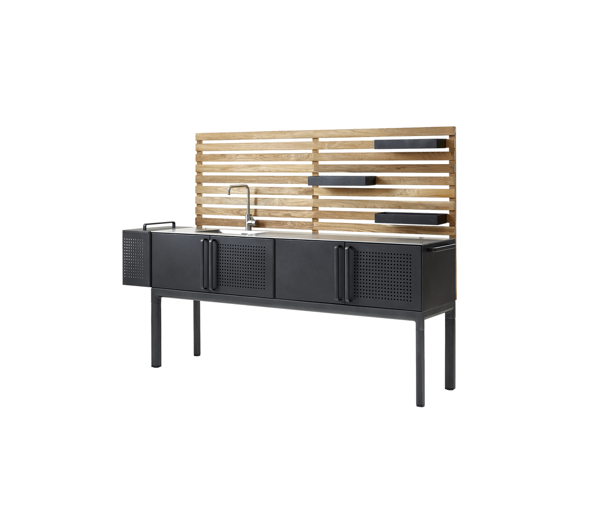Modern kast met een strakke zwarte afwerking, met vier opbergvakken en een houten lattenrug met plankruimte. Perfect voor stijlvolle organisatie.