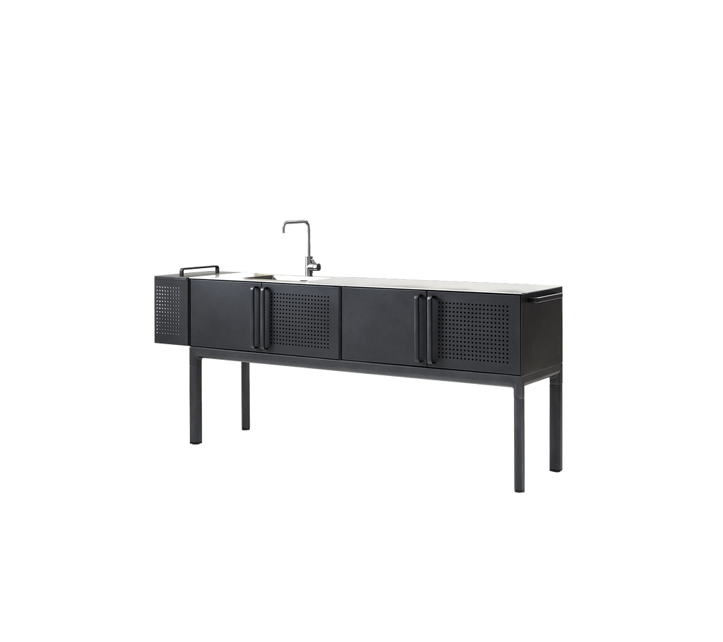 Modern zwart kast met strakke lijnen en minimalistisch design.