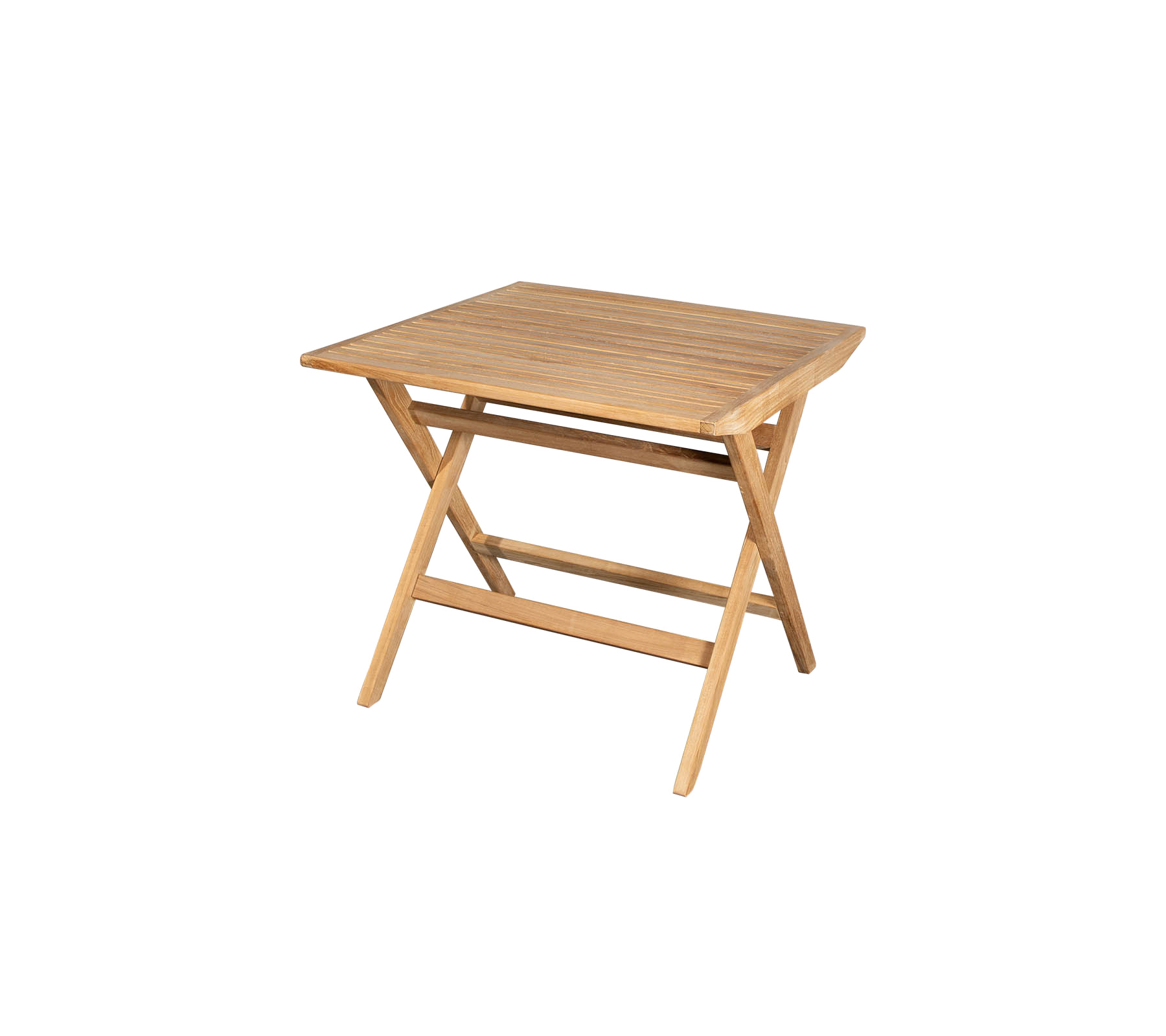 Compact houten tafel met een lattenblad en gekruiste benen, perfect voor veelzijdig gebruik in verschillende omgevingen.