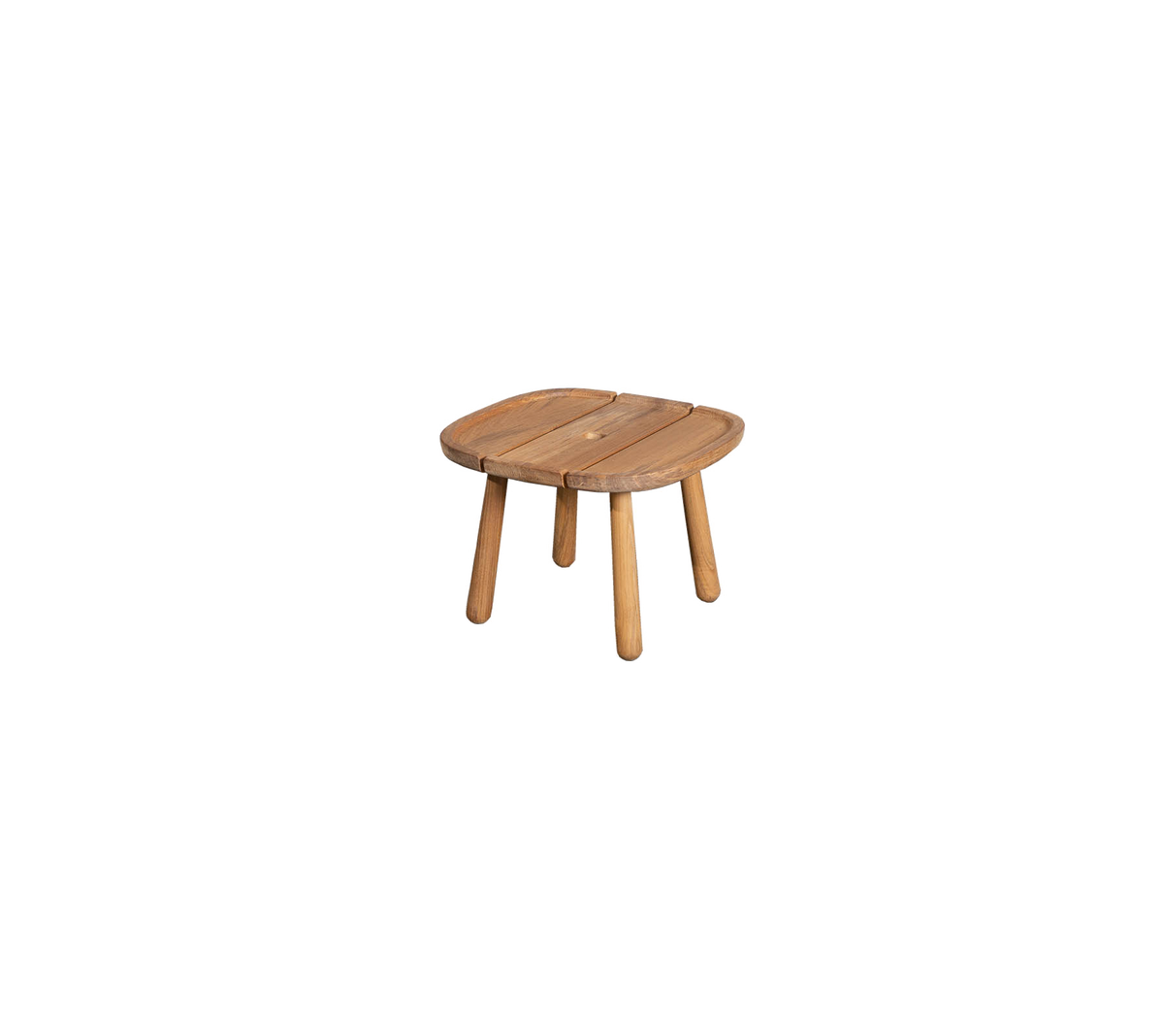 Klein houten tafel met een afgeronde vierkante bovenkant en vier stevige poten, perfect voor verschillende toepassingen in een stijlvolle setting.