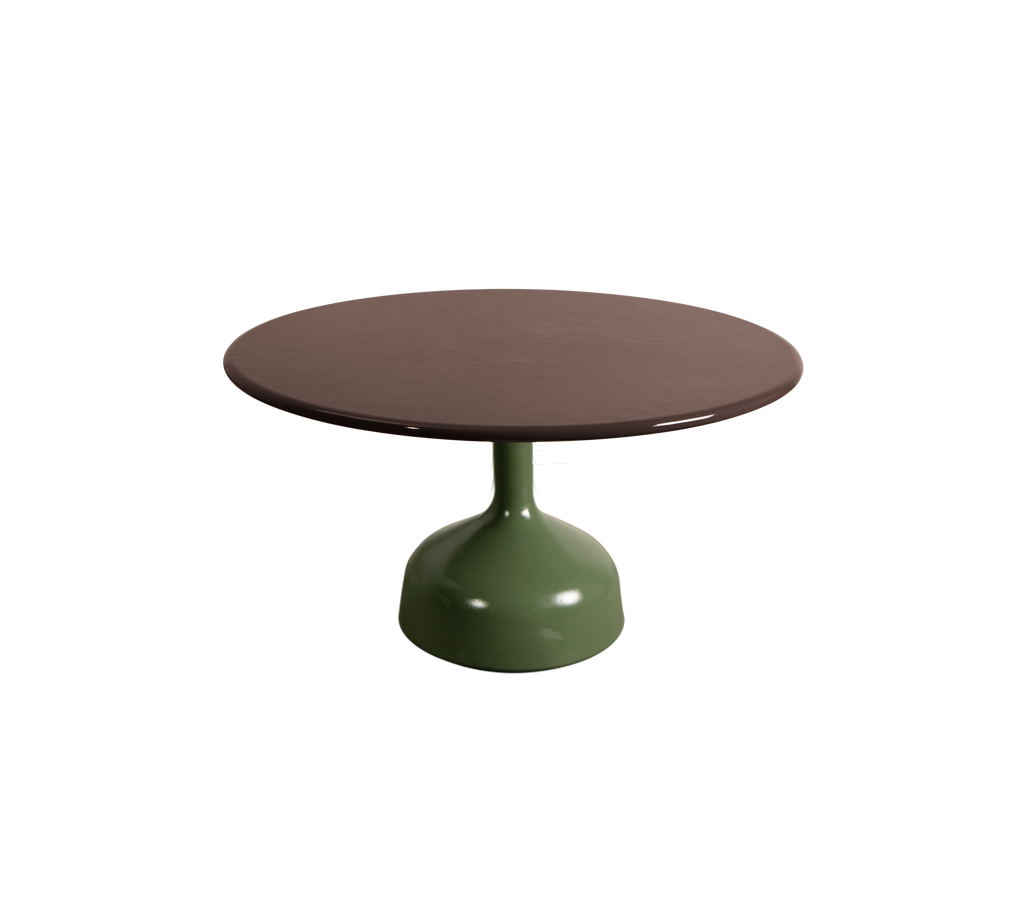 Ronde tafel met een olijfgroene basis en een bordeauxrode top.