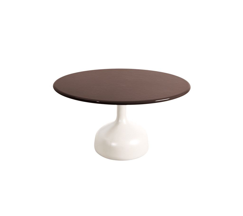 Modern rond tafel met een bordeauxkleurig blad en een witte pedestalbasis.