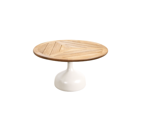 Ronde tafel met een houten blad met geometrische patronen en een slanke witte voet. Ideaal voor moderne en stijlvolle ruimtes.
