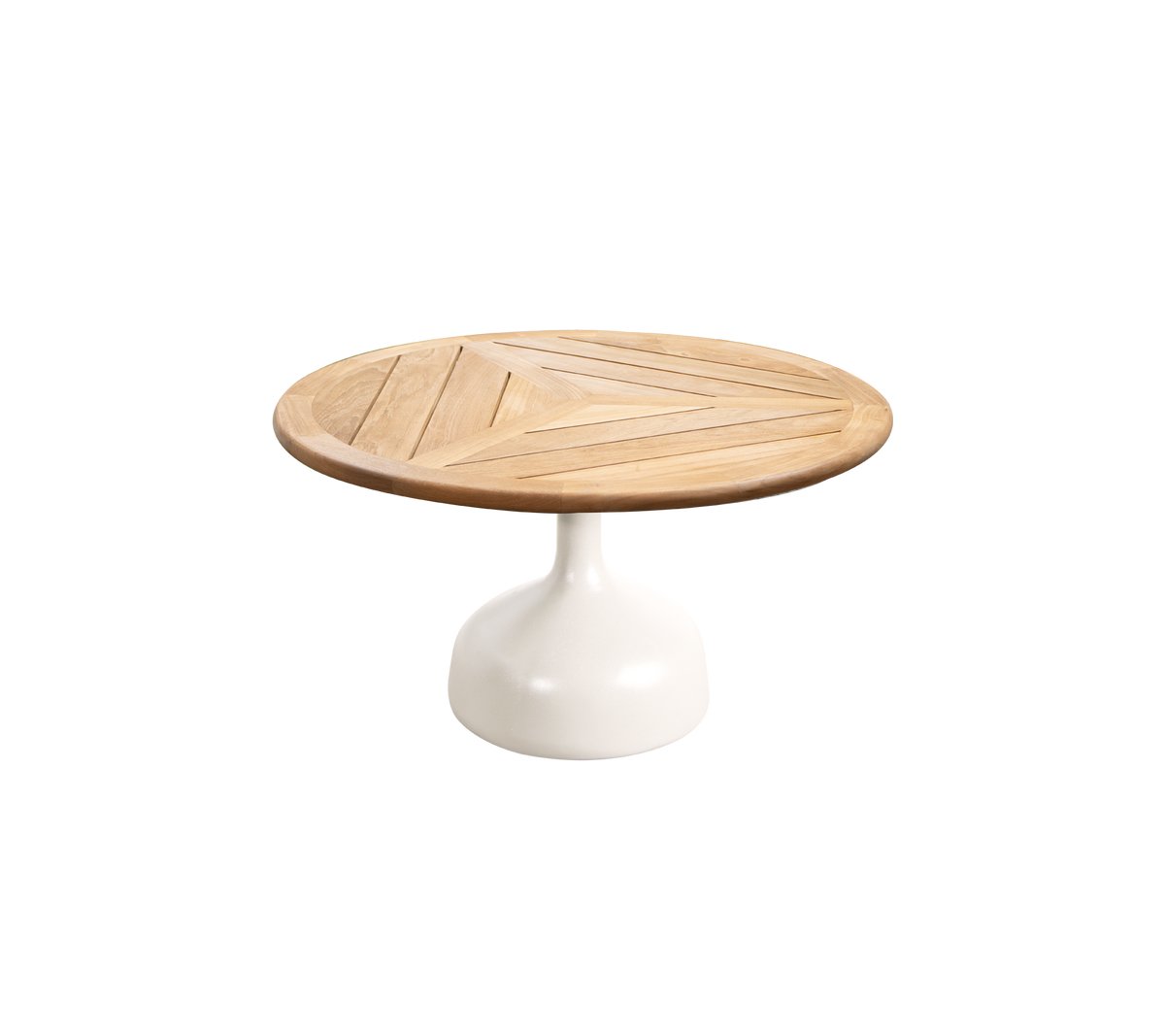Ronde tafel met een houten blad met geometrische patronen en een slanke witte voet. Ideaal voor moderne en stijlvolle ruimtes.