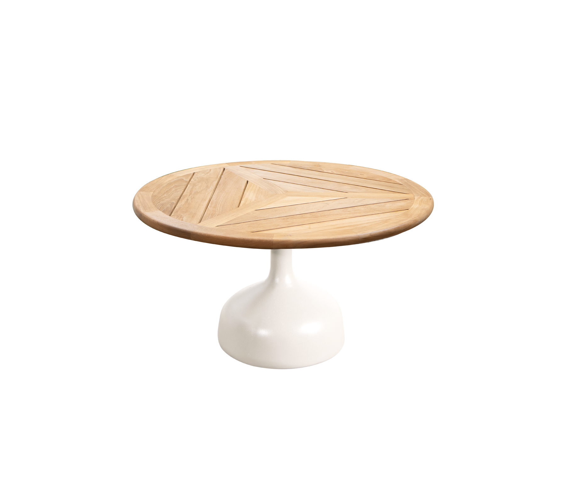 Ronde tafel met een houten blad met geometrische patronen en een slanke witte voet. Ideaal voor moderne en stijlvolle ruimtes.