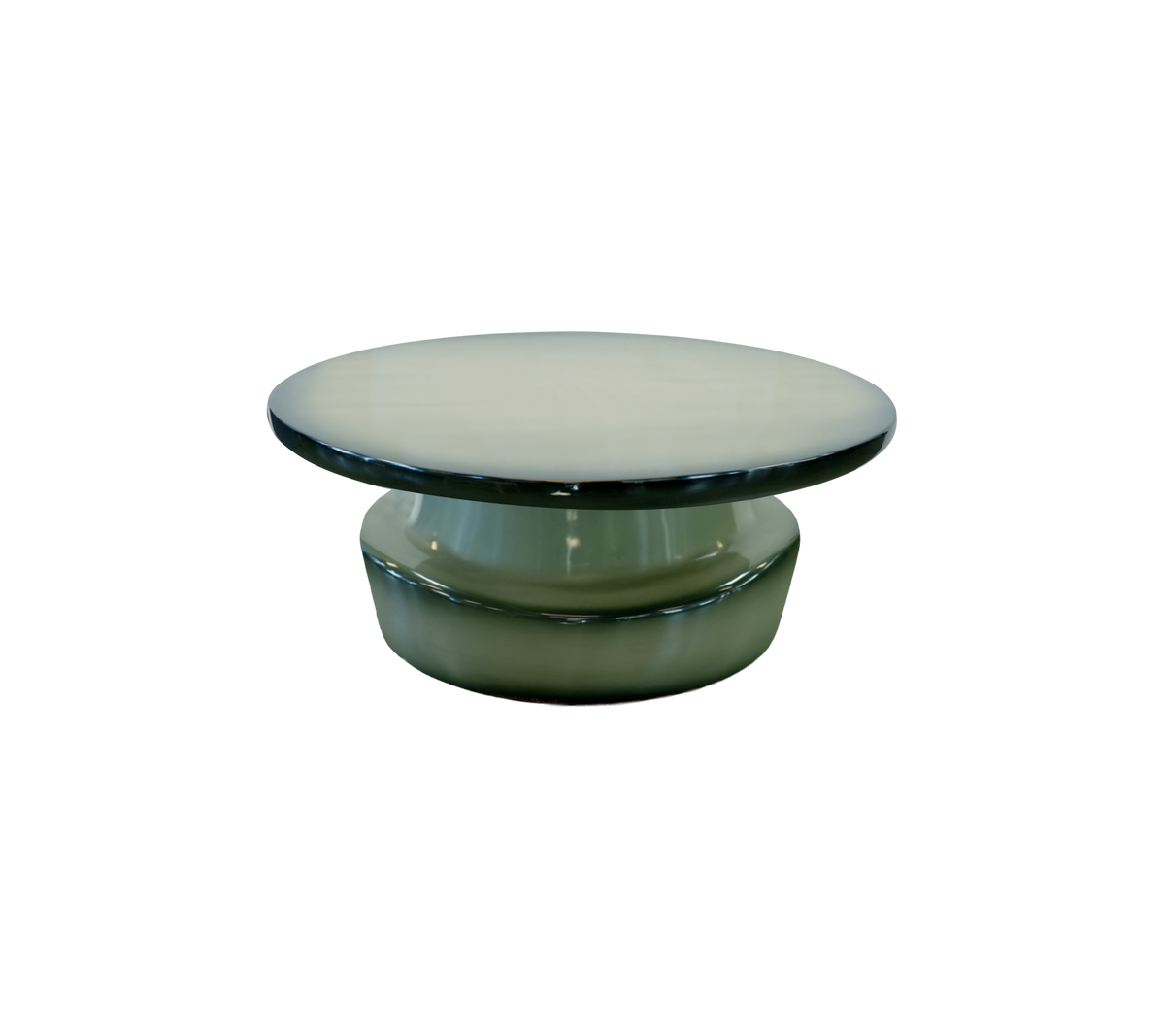 Modern groen tafel met een glad, rond blad en sculpturale basis.