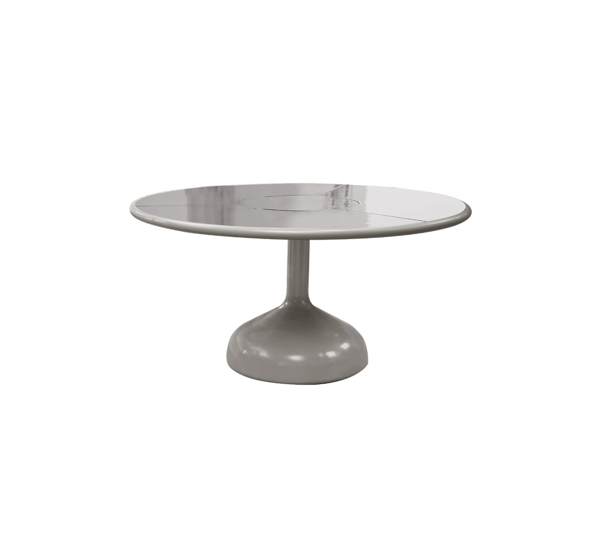 Rond tafel met een gladde, glanzende oppervlakte en een stevige voet, die een modern en minimalistisch ontwerp toont.