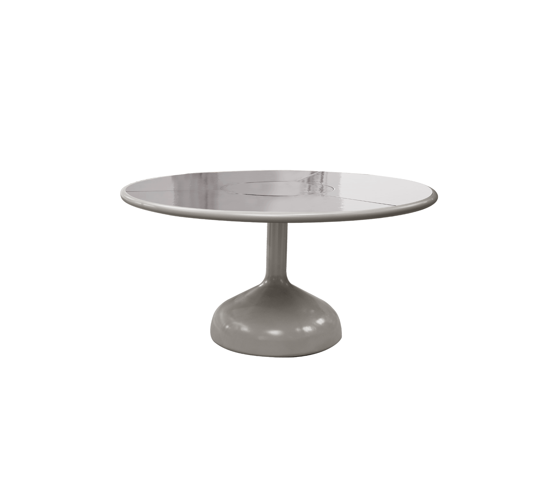Rond tafel met een gladde, glanzende oppervlakte en een stevige voet, die een modern en minimalistisch ontwerp toont.