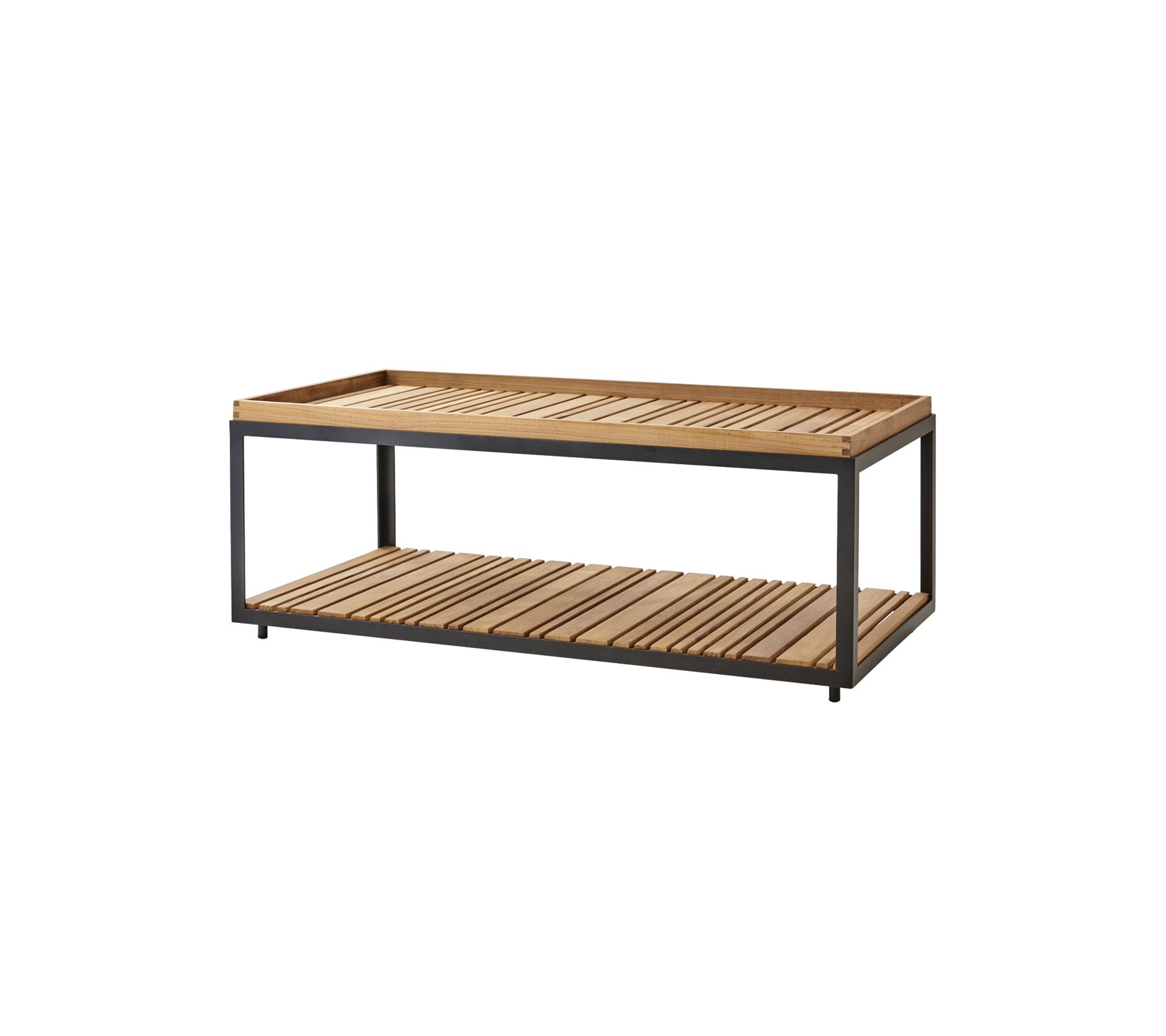 Houten salontafel met sledeontwerp en metalen frame, met twee niveaus voor opslag of presentatie. Ideaal voor moderne woonruimtes.