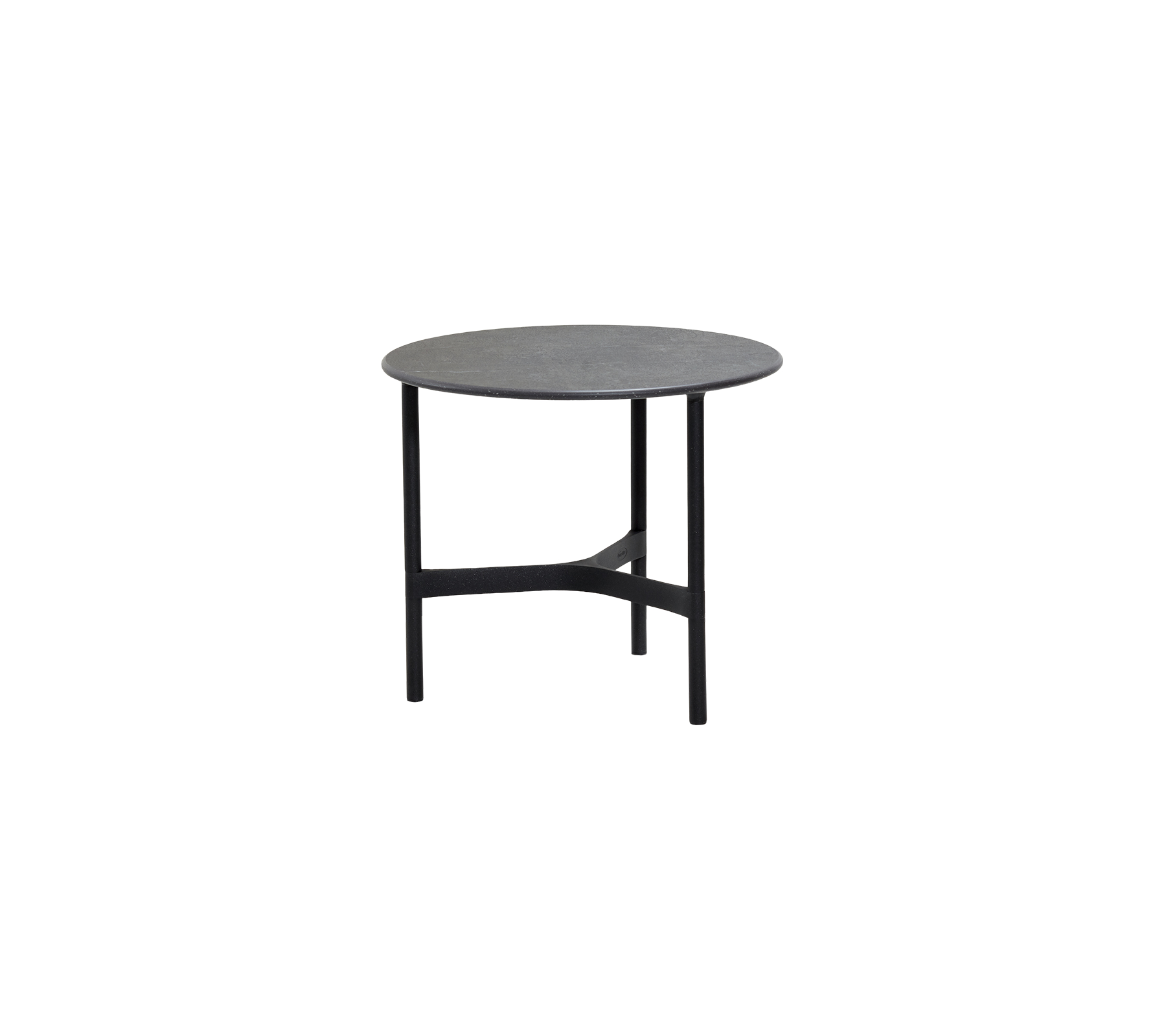 Ronde tafel met een grijze oppervlakte en stevige zwarte poten, ontworpen voor veelzijdig gebruik in verschillende omgevingen.