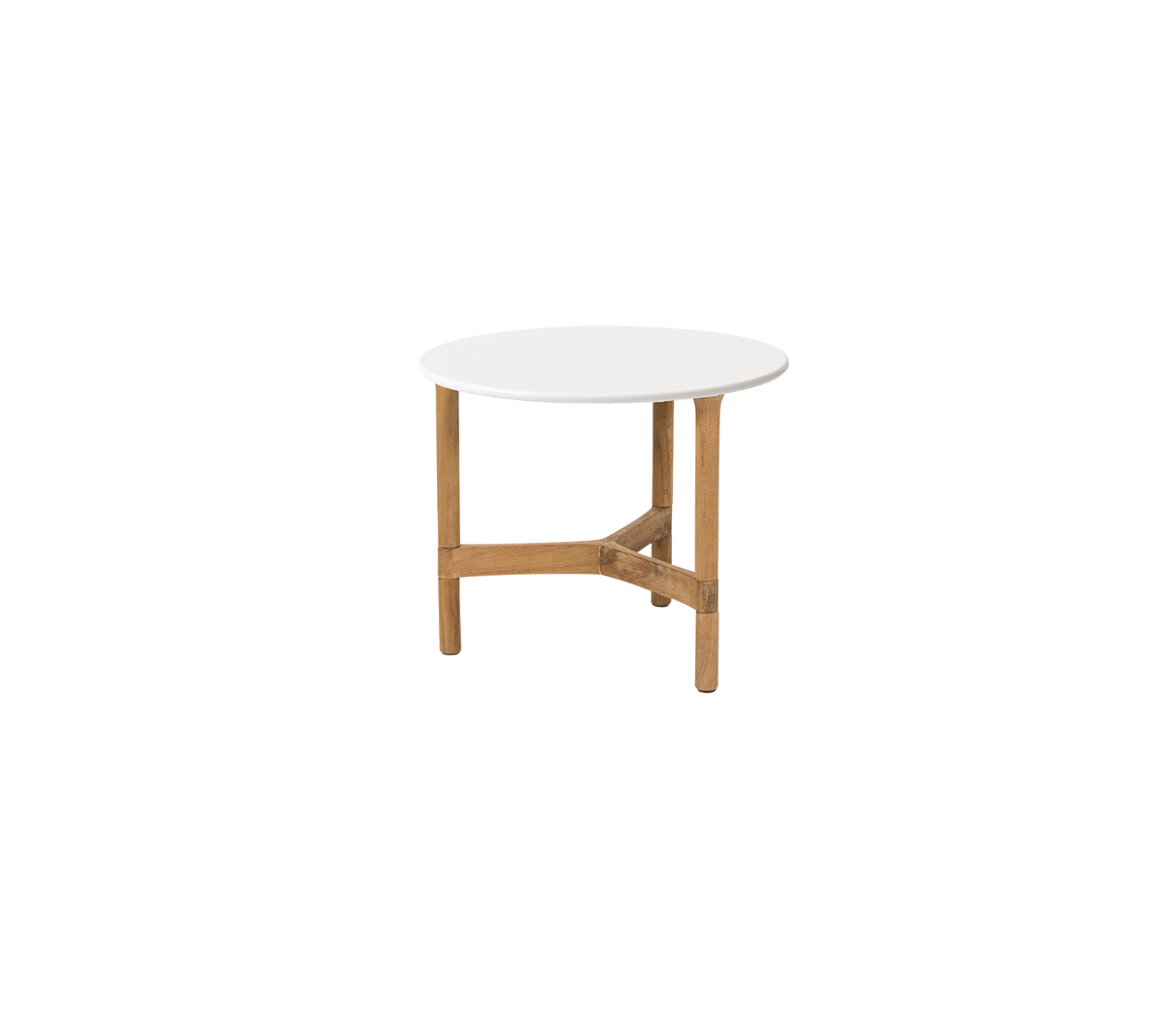 Rond tafel met een witte bovenkant en houten poten, voorzien van een stevige dwarsbalk ter ondersteuning. Ideaal voor verschillende omgevingen.